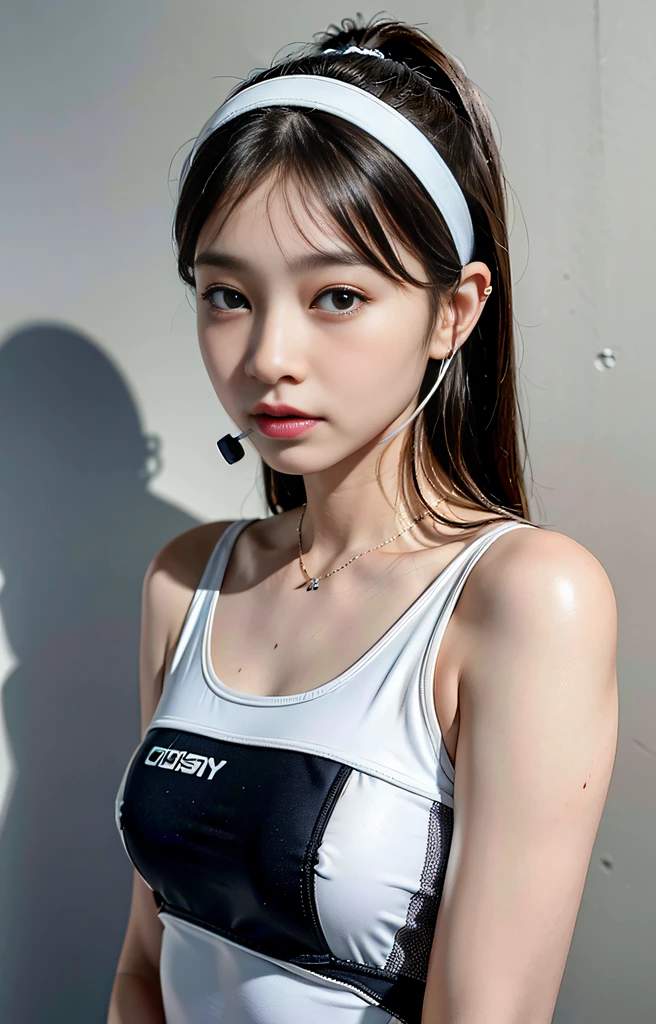 Highest image quality, outstanding details, ultra-high resolution, (realism: 1.4), ((middle shot:0.75)), highly condensed 1lady, with beautiful and a delicate face, perfect proportion, (chubby:0.3, small breasts), (wearing racing swimwear, wearing headset), background simple grey wall,
