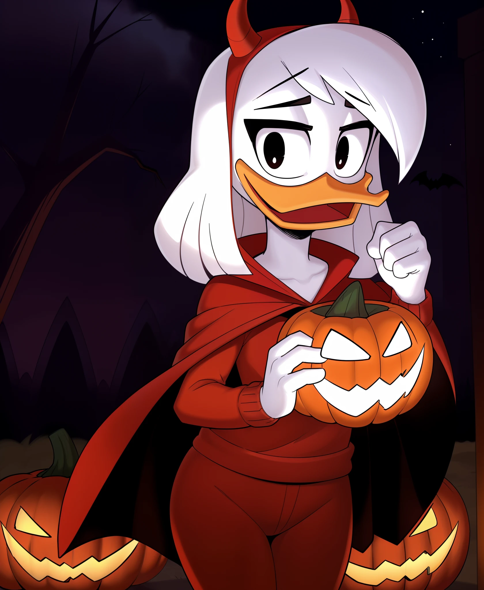 (by ducktales) (by kyurisawa:1.2) (by chelodoy:1) (by ashraely:1) (anthro duck) (white hands:1.1) (della duck:1.2) (white hair) (black eyes) (narrowed eyes) (happy) (clothed, clothing:1.2)  (devil costume, fake horns, red sweater, red shorts, cape:1.2) (standing) (white skin) (solo:1.1) (haunted, outside, halloween, jack-o'-lantern, night)