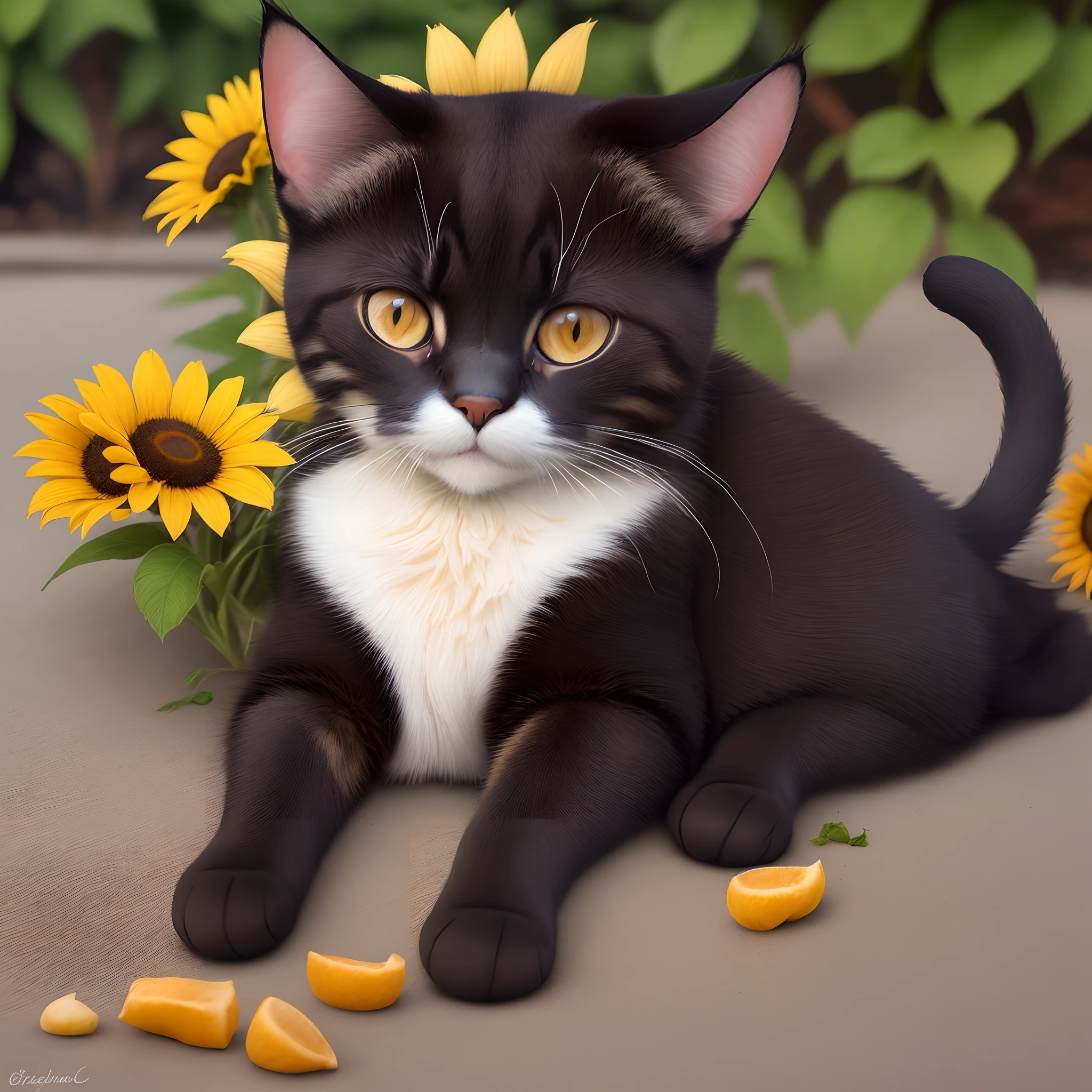 Crea un gato negro y una flor de girasol
