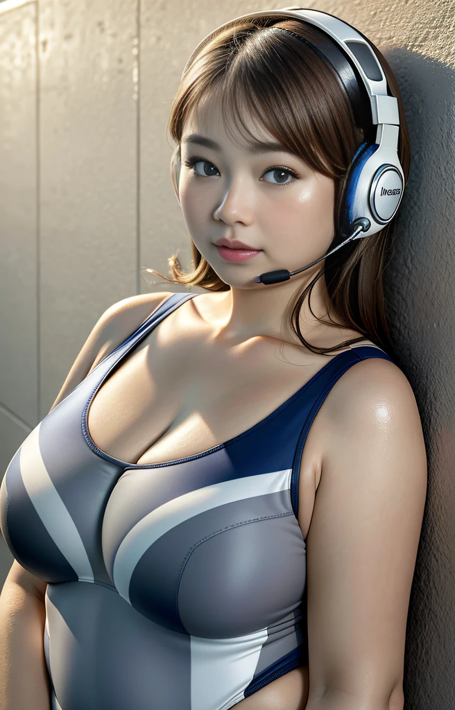 Highest image quality, outstanding details, ultra-high resolution, (realism: 1.4), ((middle shot:0.75)), highly condensed 1lady, with beautiful and a delicate face, perfect proportion, (chubby:0.3, small breasts), (wearing racing swimwear, wearing headset), background simple grey wall,
