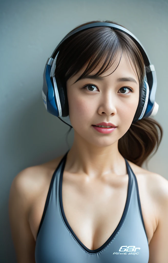Highest image quality, outstanding details, ultra-high resolution, (realism: 1.4), ((middle shot:0.75)), highly condensed 1lady, with beautiful and a delicate face, perfect proportion, (chubby:0.3, small breasts), (wearing racing swimwear, wearing headset), background simple grey wall,