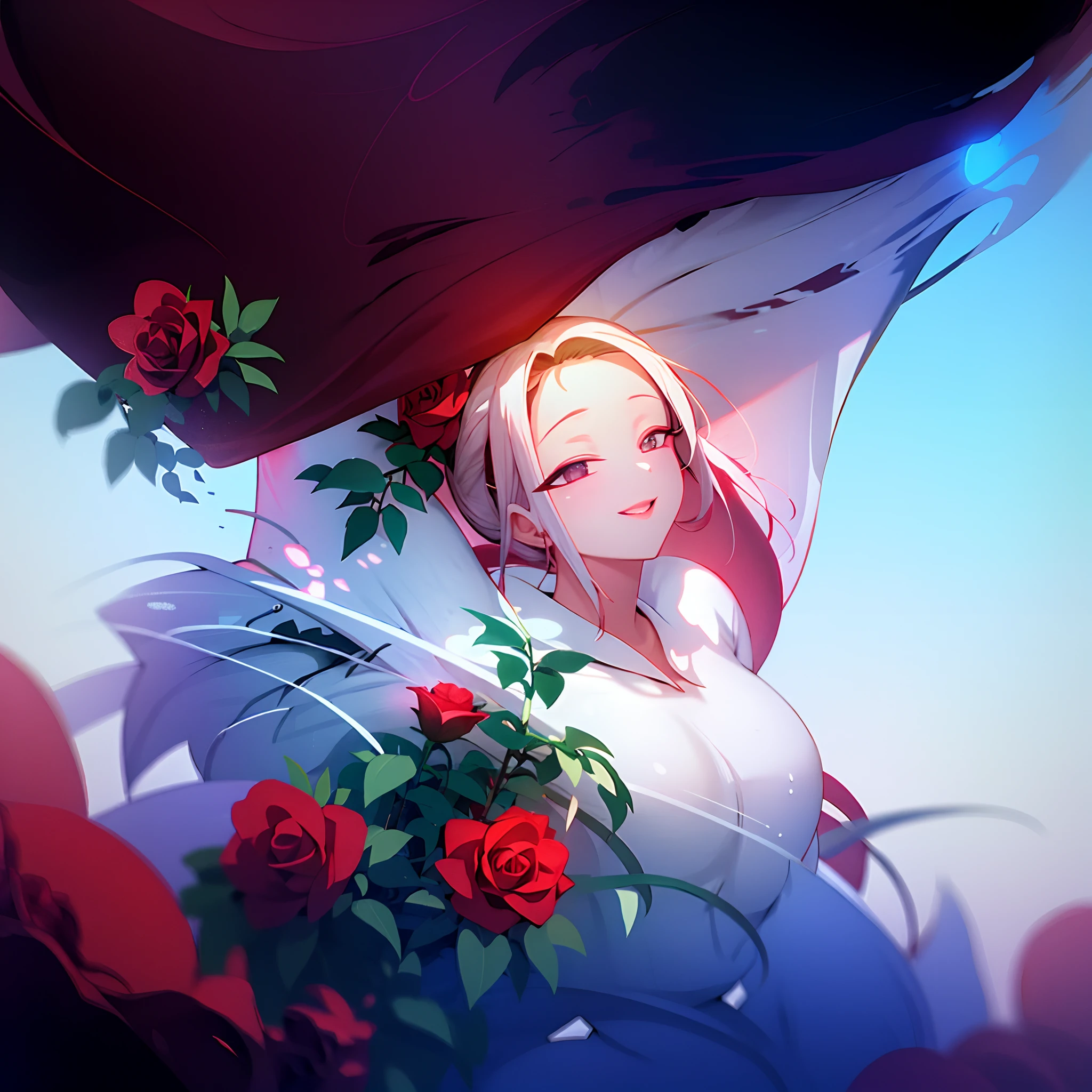 Happy girl,White-haired girl,Side of the face,Bright red roses,Roses surround the maiden in the middle,Ethereal,Roses are scattered around