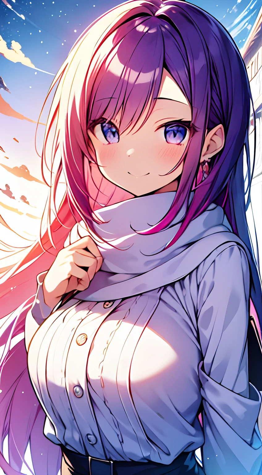 masutepiece, Best Quality,Illustration, Wallpaper, ultra -detail, Absurd beauty, 1beautiful girl、(Chibi:1.3)、Bright hair color、Glitter and big eyes、Hair fluttering in the wind、ample breasts、♡、Smaller head、Winter scene、miscievous smile、bustup