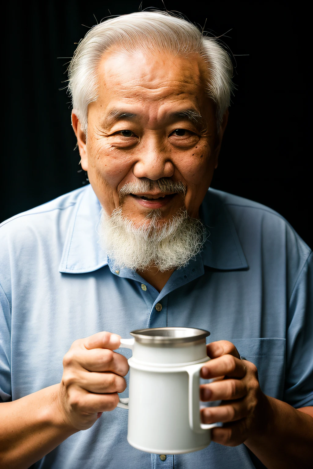 An 80-year-old Asian father,Look at the viewer,Hold the thermos cup,Elderly father,Spiritual elderly,Single image, Short white hair,White Viking beard, Wide shoulders, High focal length, Bust photo,Faraway view,Digital SLR, Dark Studio, rim lit, twotonelighting, Dimly lit, low tune, Backlight,