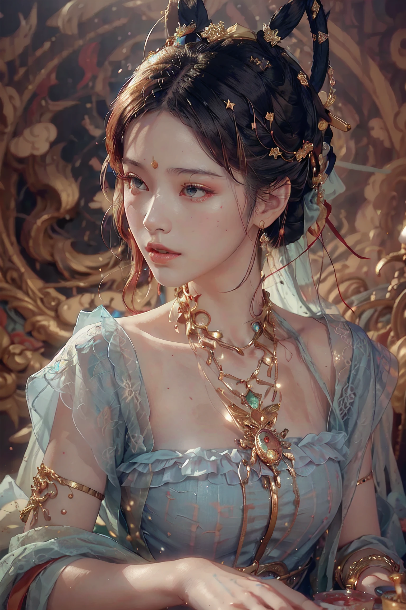 (RAW photo, best quality), (realistic, photo-realistic:1.3),best quality,highly detailed,masterpiece,ultra-detailed,illustration,1girl,upper_body,dynamic angle,world masterpiece theater,messy_long_hair,best quality,extremely detailed CG unity 8k wallpaper,ink,Amazing,cinematic lighting,lens_flare,,dunhuang_style