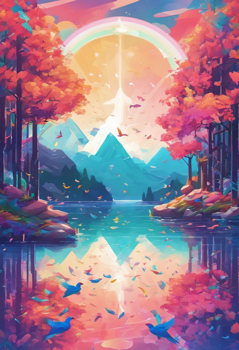 ((Rainbow after rain)),Skysky, blue colors, baiyun, after rainny, rays of sunshine, refractions, Seven colors, Red, Orange, Yellow, Green, Blue, Violet, arc-shaped, A bridge to heaven, llight rays, dream magical, wanting, Calm lake, inverted image, The outline of the tree, Birds fly, freshen, magical, Beautiful natural landscape