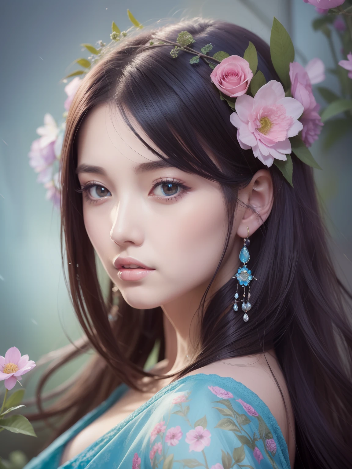 a painting of a woman in a blue dress with flowers in her hair, beautiful character painting, beautiful fantasy art portrait, beautiful gorgeous digital art, beautiful fantasy art, chinese girl, digital fantasy art ), beautiful digital art, beautiful art uhd 4 k, beautiful fantasy maiden, beautiful digital artwork, very beautiful fantasy art, very beautiful digital art, beautiful fantasy portrait