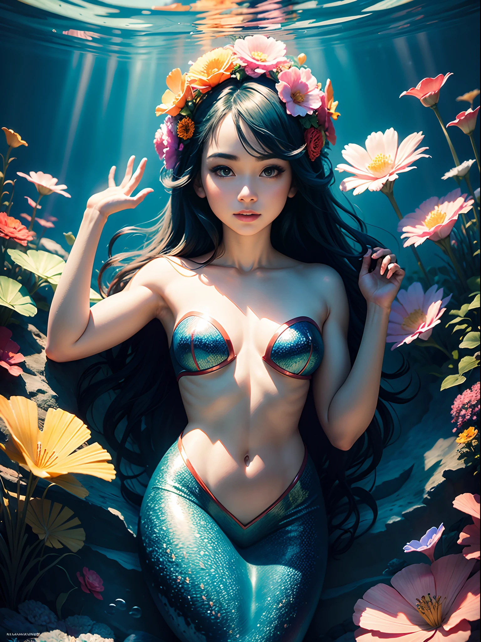 (Master piece) seaworld uper shot , mermaid on centre, hight definition, cinematic light, flowers, coral around, correct hand , detailed skin, rainbow tale