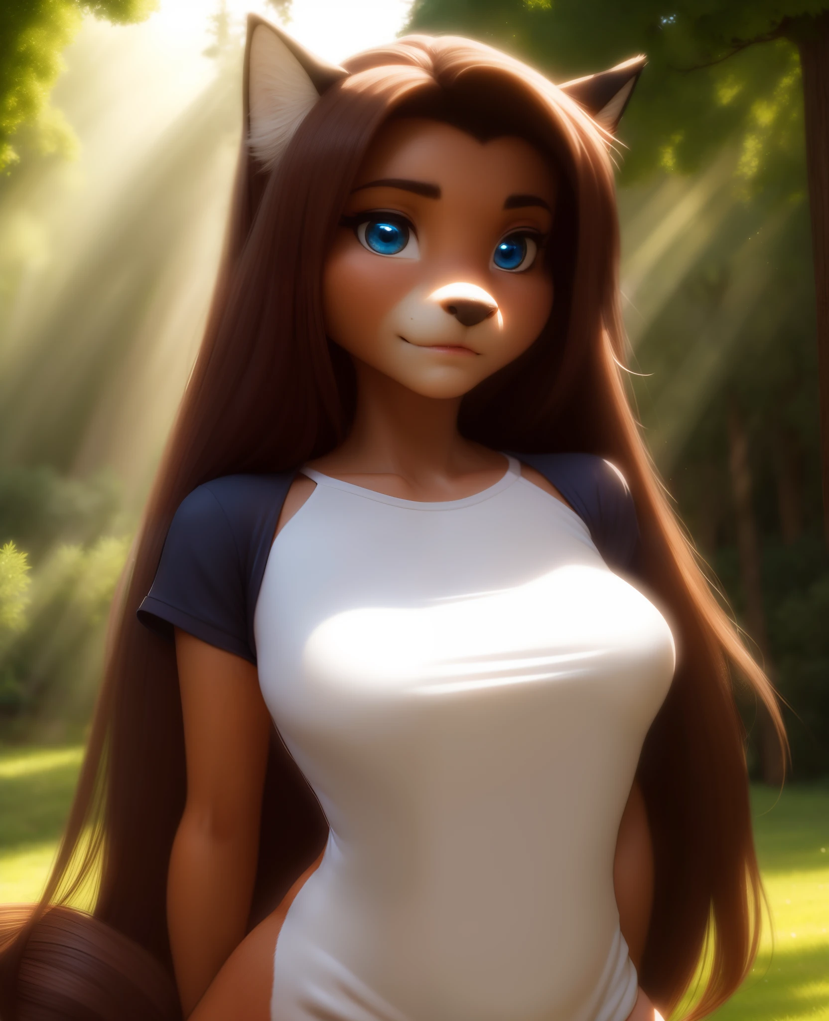 Laura, Keidran, twokinds, by tom_fischbach,, (best quality, masterpiece:1), solo, furry female anthro, blue eyes, long hair, reddish brown hair, portrait, fingers, finger claws, looking at viewer, fox tail,,, absurdres, highres, 1girl, furry, brown hair, cowboy shot, detailed face and eyes, standing, from below, tail, smug, jungle,,, BREAK, (cinematic lighting), ((detailed background)), ((depth of field)), (half body shadow), ((sunlight)), BREAK, ((intricate, high detail, film photography, sharp focus, RAW candid cinema, realistic, photorealistic, analog style, subsurface scattering, masterpiece, best quality, ultra realistic, 8k)