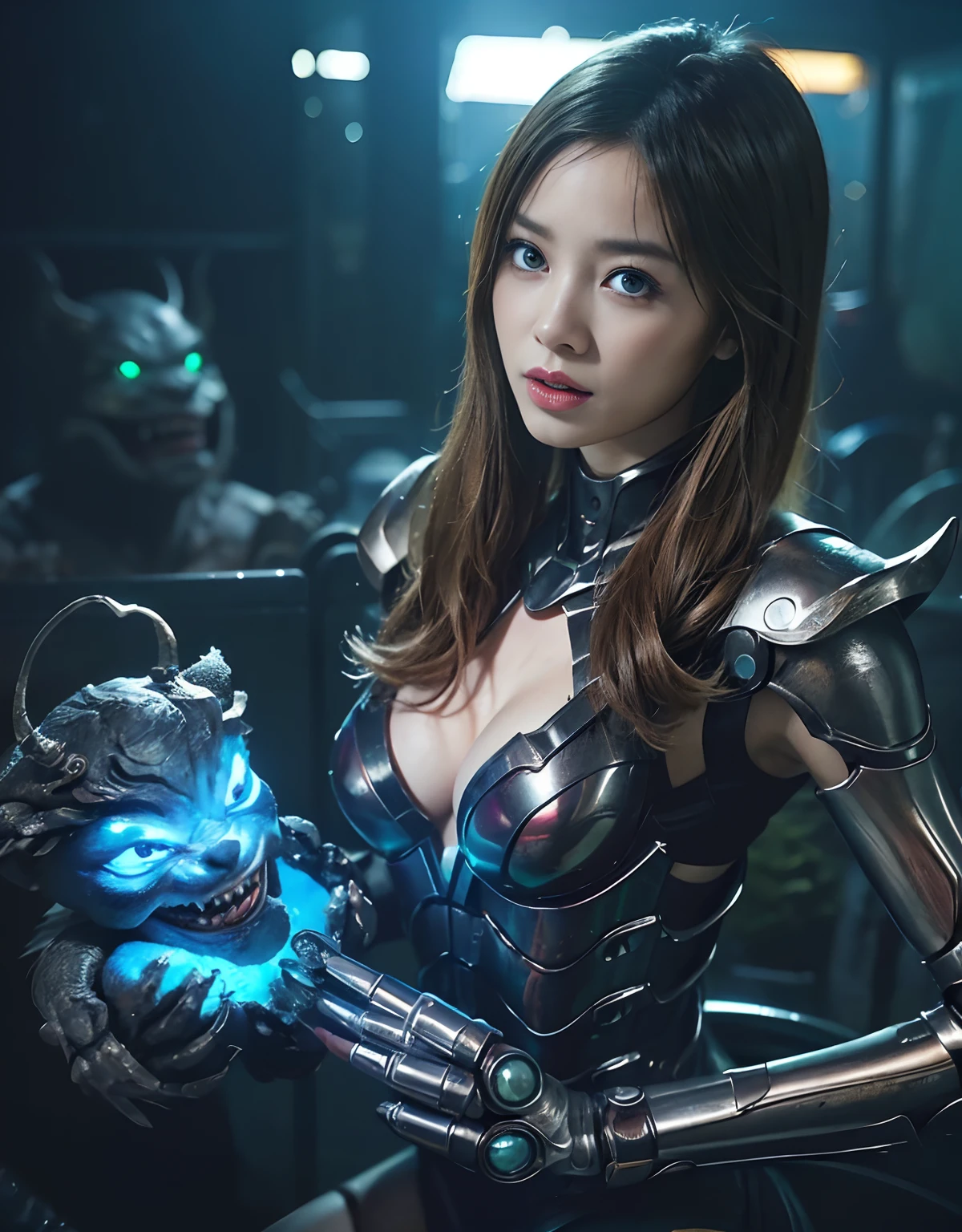 (1 Mechanical Girl)、top-quality、masterpiece、超A high resolution、(Photorealsitic:1.4)、Raw photo、女の子1人、Fight mutants、glowy skin、(((1 Mechanical Girl)))、With a beautiful knife、(Green Metal Bodysuit)、(Kobold、ogre、Fierce battle with orcs),(Fight fiercely against aliens)、Fight fiercely、(beautiful forest background)、(Fighting Demonic Beasts)、(Small LED)、((super realistic details))、portlate、(Strong giant demon beast background),globalillumination、Shadow、octan render、8K、ultrasharp、Colossal tits、Raw skin is exposed in cleavage、metals、Details of complex ornaments、Japan details、highly intricate detail、Realistic light、(Mystical expression),CGSoation Trends、Blue eyes、radiant eyes、Facing the camera、neon details、(Mechanical limbs)、(blood vessels connected to tubes)、Mechanical vertebrae attached to the back、mechanical cervical attaching to neck、(Wires and cables connecting to the head)、Gundam、Small LED、,Mechanical thighs、Toostock、(Hands are also made of machines)、(Attack of the Monster Beasts)、(Wounded in a deadly battle)、