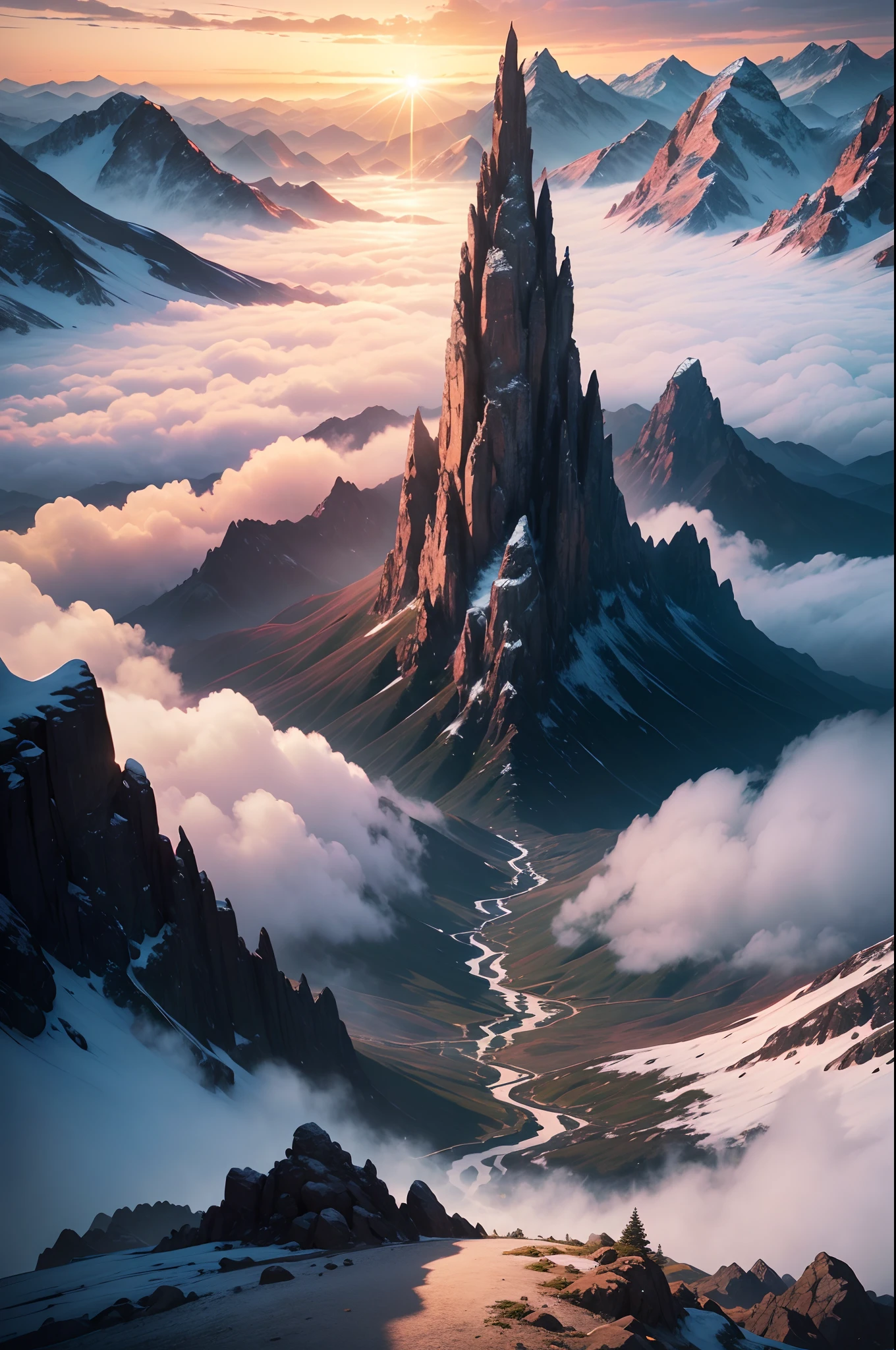 ultraclear,Mountains of different heights,onthe mountain, See the waterfall, the sunset, ((evening light)),Humanoid cloud, Verism, Ray traching, in a panoramic view, ultra-wide-angle, hyper HD, tmasterpiece, super detailing, best qualtiy