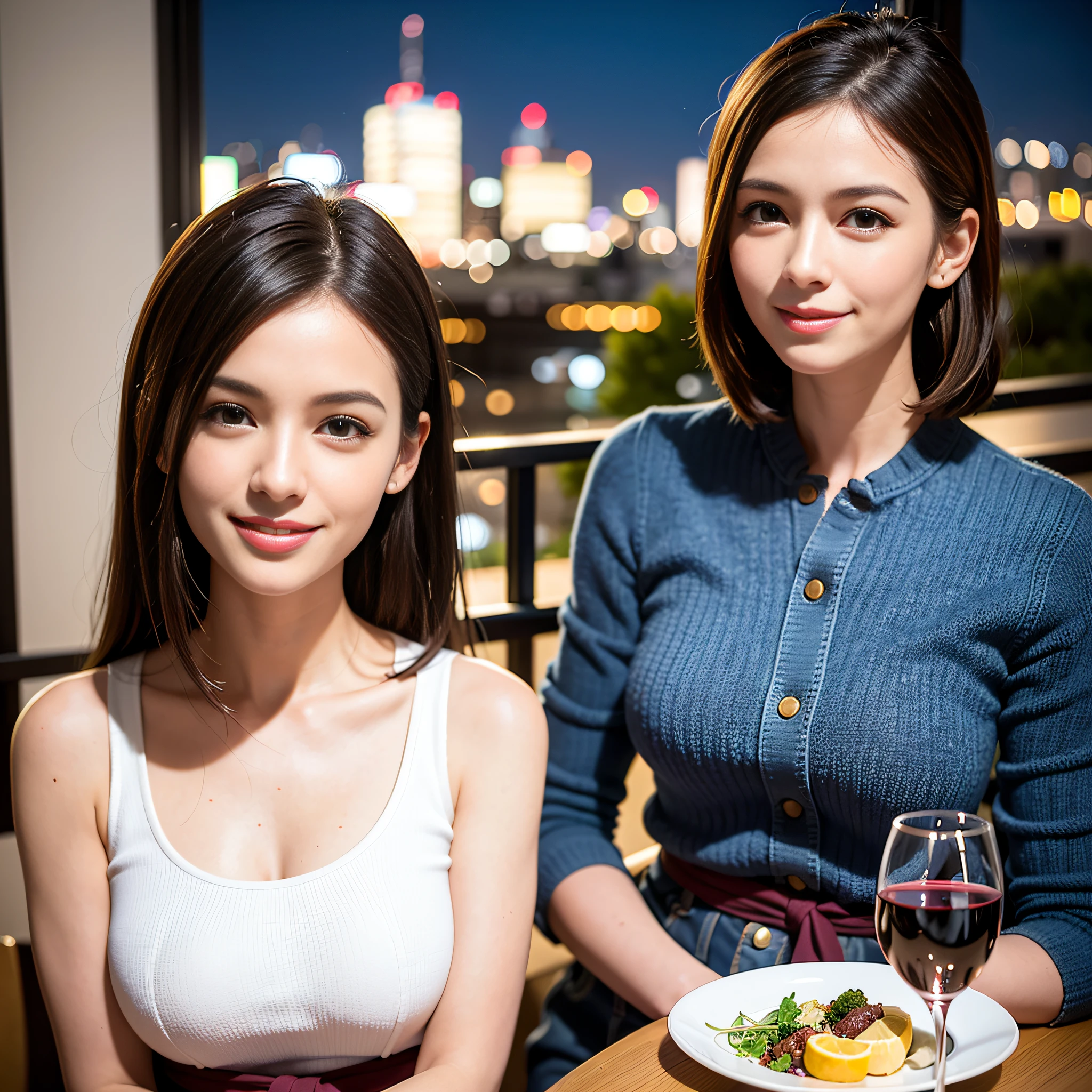 (64K, UHD, top quality, masterpiece: 1.2), (realistic, photorealistic: 1.37), super detailed, pretty woman 1 person, (slim face), (slim body), (brown hair), (short cut), cheeks slightly blushing, (44 years old), 38 years old, solo, beautiful detailed urban night view outside the window, restaurant, wine glasses sit, at night, in a prominent placeNovaFrogStyle, Actress, Model, Waist Up, White Wine, Slim, Wine Glass, Super Clean Night View, Wine Glass Put in the Middle, Happy Smile, (Smile: 1.15), Beautiful Fine Eyes, Upper Body, Bust Japan Up, Night, Short, Short, Actress, Model, Waist Up, White Wine, Slim, Wine Glass, Super Clean Night View, Wine Glass Put in the Middle, Happy Smile,