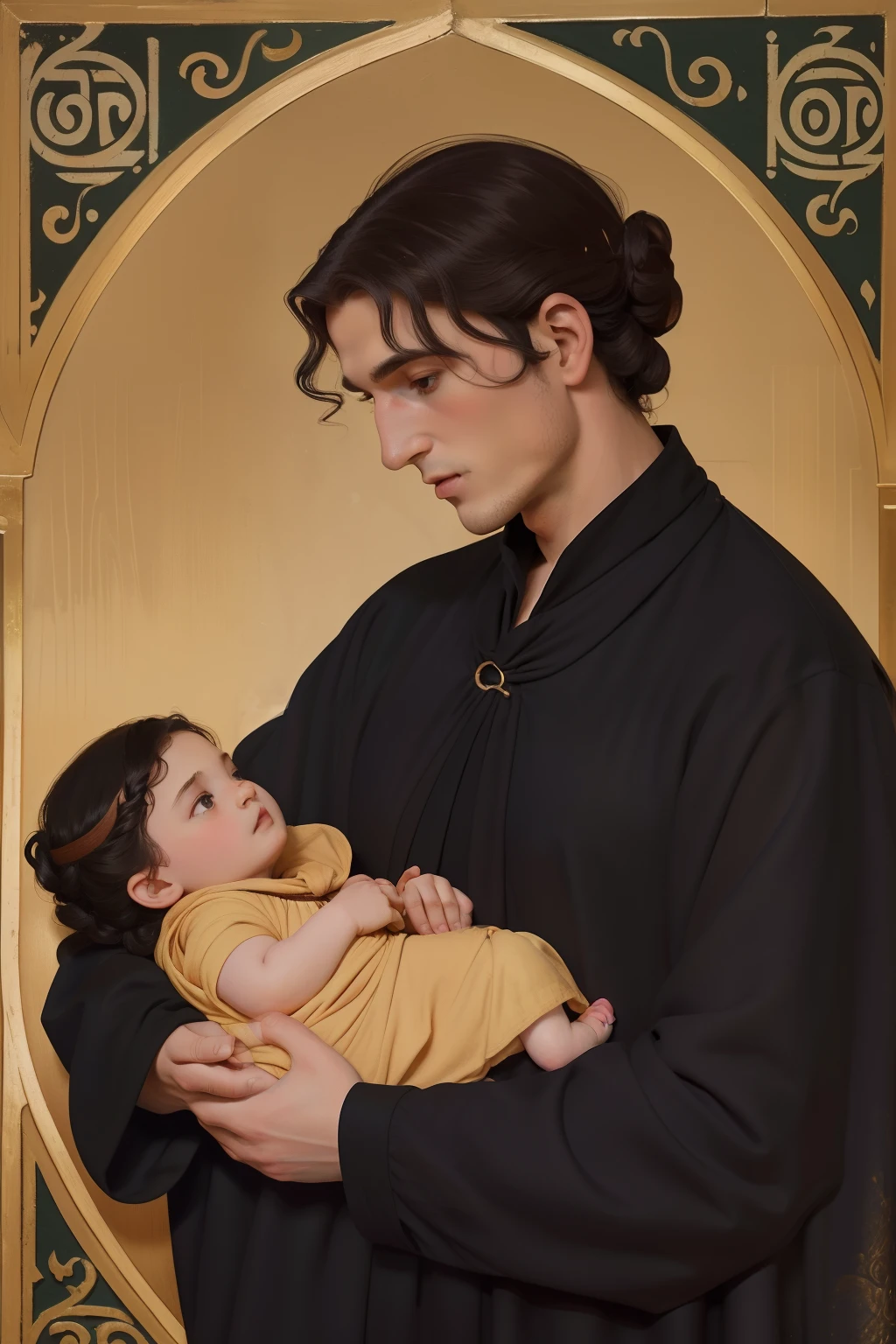 Year: 11th century. Location: Ispahan. Pre-raphaelite scene with a 24-year-old jewish english man, holding his  son, ((((11th century black caftan)))) ((11th century hairstyle)), (((cinematic style)))