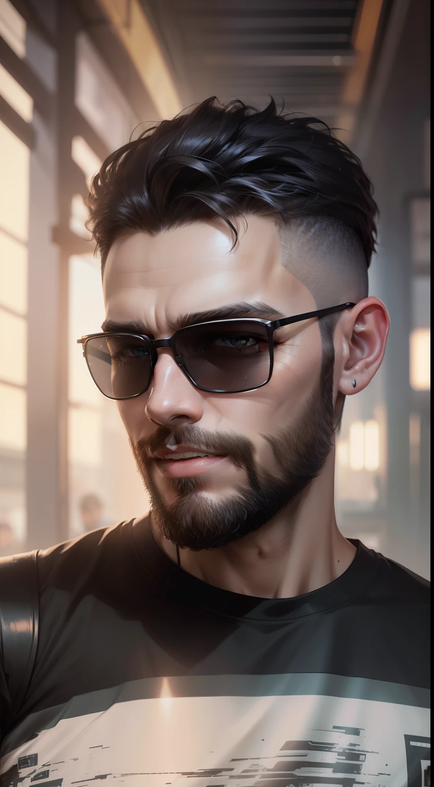 Change background cyberpunk handsome boy, Realistic face, Realistic smiley face, realistic beard, Black T-shirt, 8K, Ultra photo realsisim,