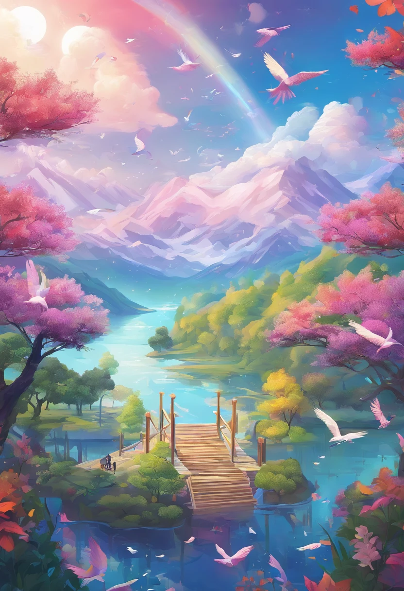 （（A rainbow appears in the sky after the rain）），baiyun, after rainny, rays of sunshine, refractions, Seven colors, Red, Orange, Yellow, Green, Blue, Violet, arc-shaped, A bridge to heaven, llight rays, dream magical, wanting, Calm lake, inverted image, The outline of the tree, Birds fly, freshen, magical, Beautiful natural landscape