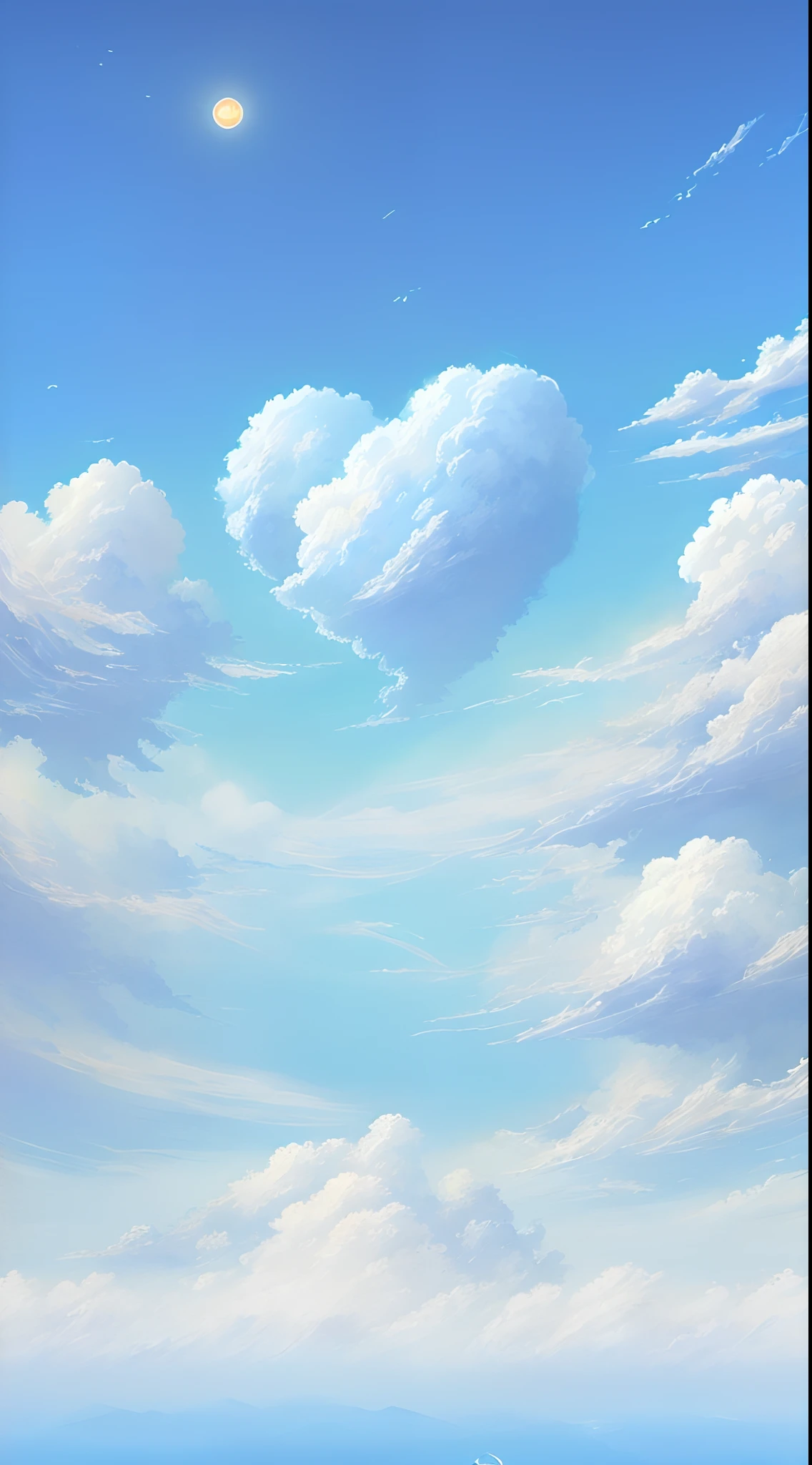 in style of hayao miyazaki，(Best quality,A high resolution,Ultra-detailed:1.2), hdr, clear blue skies, puffy white clouds, Vibrant colors, Realistic lighting, Ethereal atmosphere, Soft and gentle brushstrokes, peaceful and serene, Unobstructed panoramic views, Surreal landscape, beleza celestial