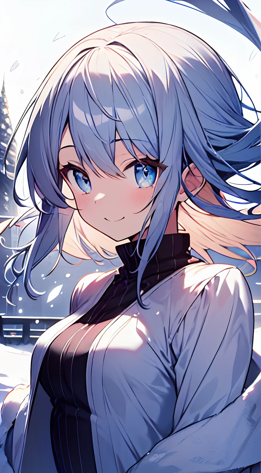 masutepiece, Best Quality,Illustration, Wallpaper, ultra -detail, Absurd beauty, 1beautiful girl、Bright hair color、Glitter and big eyes、Hair fluttering in the wind、ample breasts、♡、Smaller head、Winter scene、miscievous smile、bustup