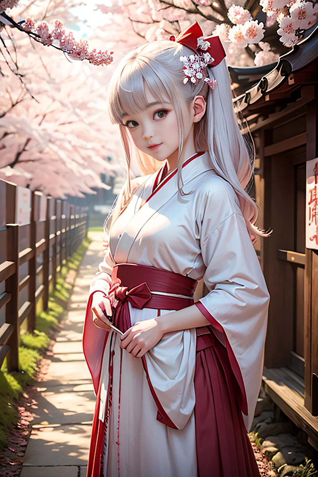 top-quality、8K、photoRealstic、1 girl in、bangss、cute little、、Japanese shrine maiden、White and vermilion hakama、A smile、long、A path lined with flourishing cherry blossom trees、cherryblossom、Vermilion pleats、