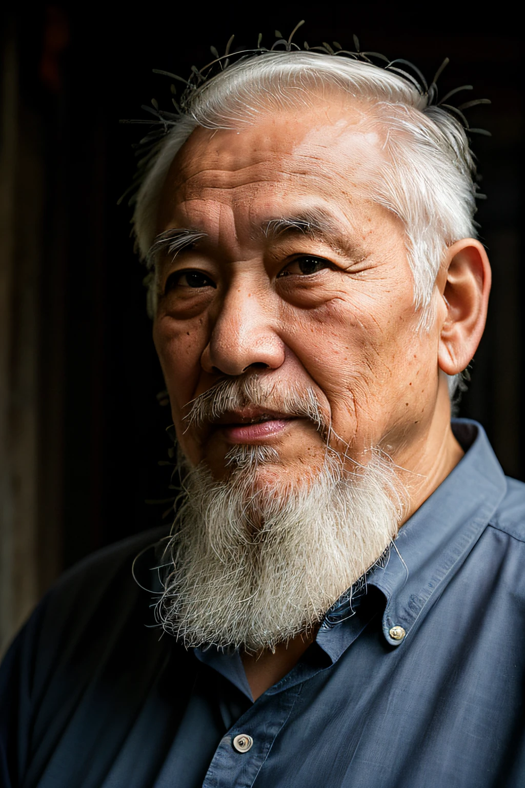 An 80-year-old Asian father,Look at the viewer,park bench,Elderly father,Spiritual elderly,Single image, Short white hair,White Viking beard, Wide shoulders, High focal length, Bust photo,Faraway view,Digital SLR, Dark Studio, rim lit, twotonelighting, Dimly lit, low tune, Backlight,