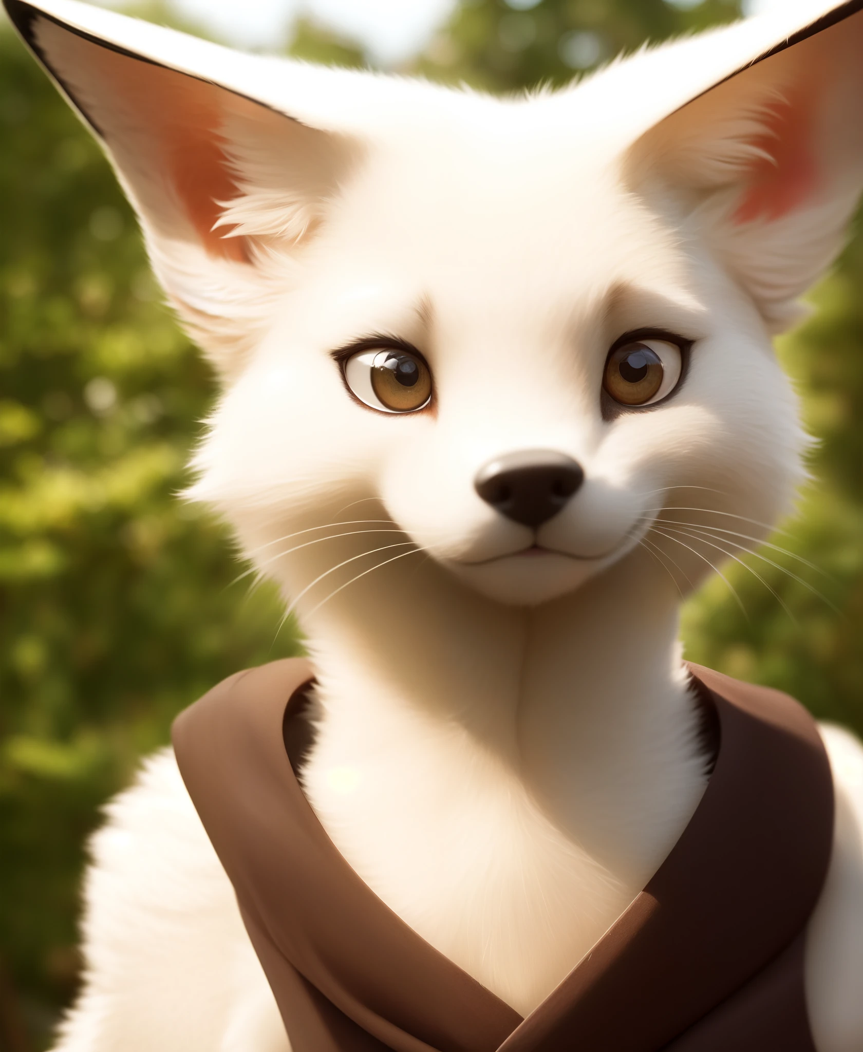 real e621, , mammal, canid, fur, canine, solo, white body, fennec fox, whiskers, white fur, plant, leaf, clothing, anthro, tuft, ambiguous gender, hi res, detailed background, clothed, inner ear fluff, black nose, topwear, portrait, looking at viewer, nature, bust portrait, fluffy, fox, outside, front view, shirt, brown eyes, multicolored body