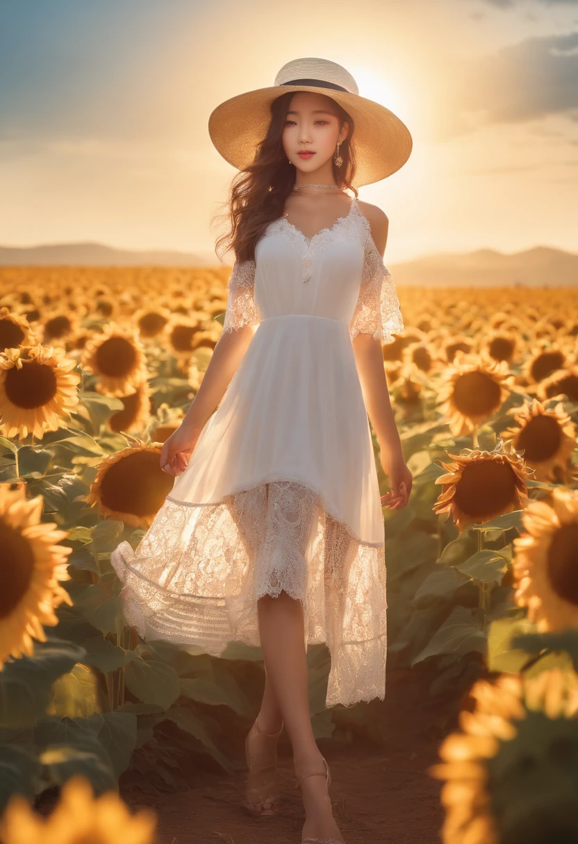 fuwa aika,1girl,solo, (White lace dress:1.2),flowing dress (sun visor hat:1.2), Sunflower field, under the sunlight, light smile,looking at viewer, wind, dynamic, strong light and shadow,dynamic pose,