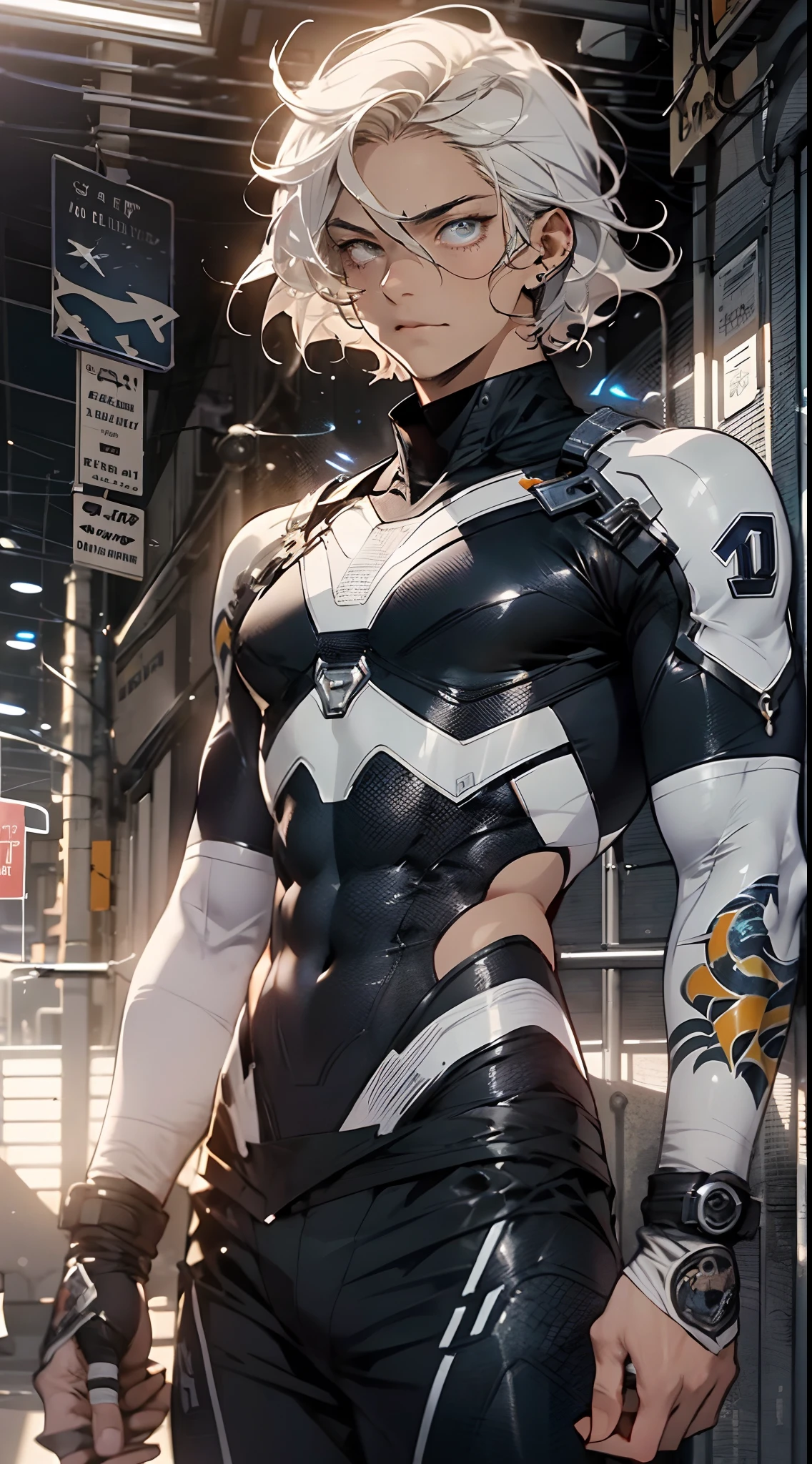masterpiece, highest quality, (solo focus), (perfect face:1.1), (high detail:1.1),dramatic, 1guy, (pale skin), short blonde hair, yellow eyes, solo, short hair with long fringe , moon, night, black luxury suit, covered navel, covered, futuristic city, detailed background, art by artgerm and greg rutkowski, cinematic lighting, muscular, masculine