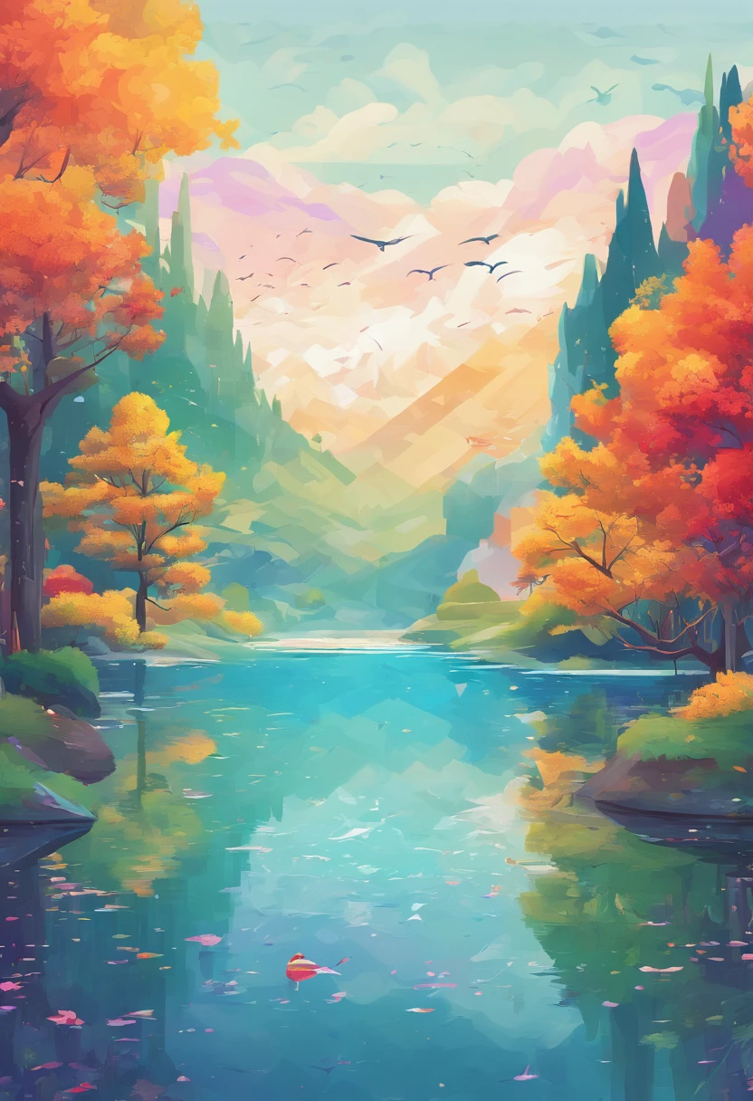 ((A rainbow appears in the sky after the rain)),baiyun, after rainny, rays of sunshine, refractions, Seven colors, Red, Orange, Yellow, Green, Blue, Violet, arc-shaped, A bridge to heaven, llight rays, dream magical, wanting, Calm lake, inverted image, The outline of the tree, Birds fly, freshen, magical, Beautiful natural landscape