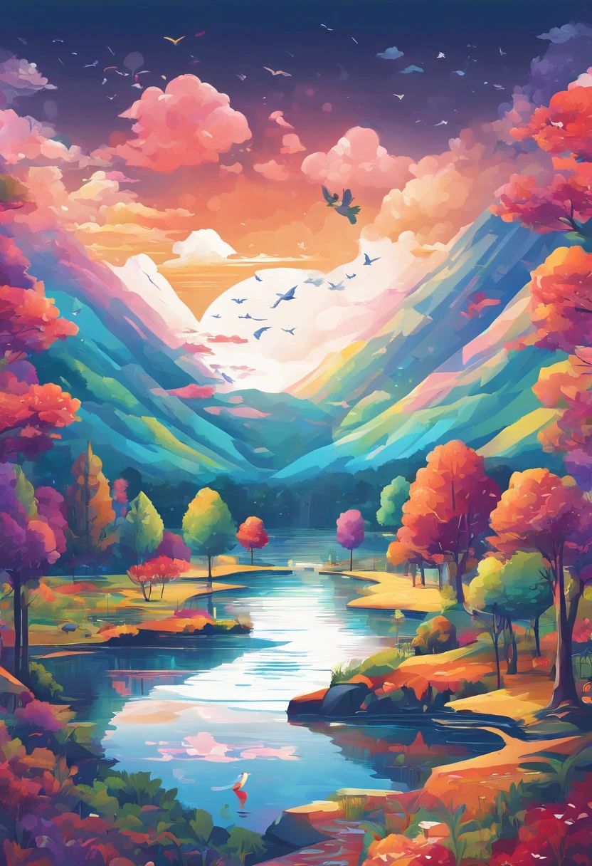 （（A rainbow appears in the sky after the rain）），baiyun, after rainny, rays of sunshine, refractions, Seven colors, Red, Orange, Yellow, Green, Blue, Violet, arc-shaped, A bridge to heaven, llight rays, dream magical, wanting, Calm lake, inverted image, The outline of the tree, Birds fly, freshen, magical, Beautiful natural landscape