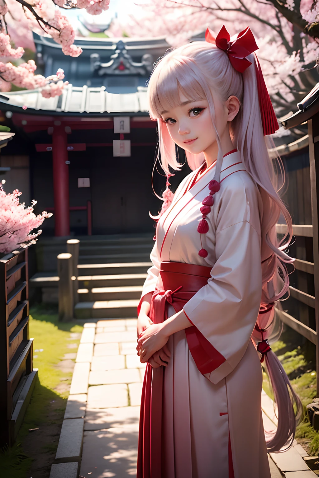 top-quality、８K、photoRealstic、1 girl in、bangss、cute little、、Japanese shrine maiden、White and vermilion hakama、A smile、long、A path lined with flourishing cherry blossom trees、cherryblossom、Vermilion pleats、