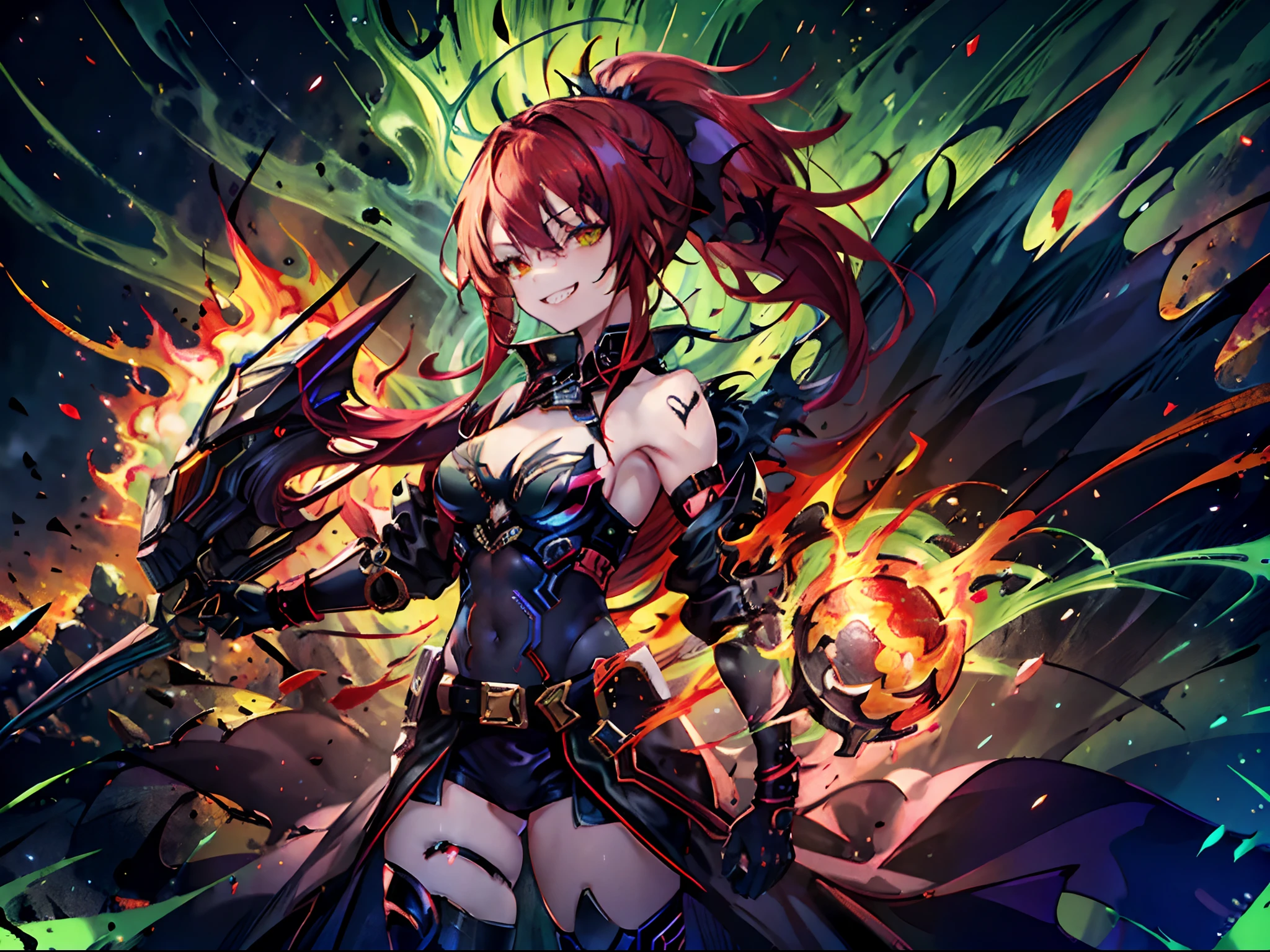 1 girl, solo, dark flaming red hair, (colourful_fringes), view from the side, menacing aura, grin, evil expression, jagged teeth, ponytail, black bow, glowing emerald green cyborg eyes, blue jacket, large breasts, V-neck, short gloves, (muscular physique), cyberpunky background