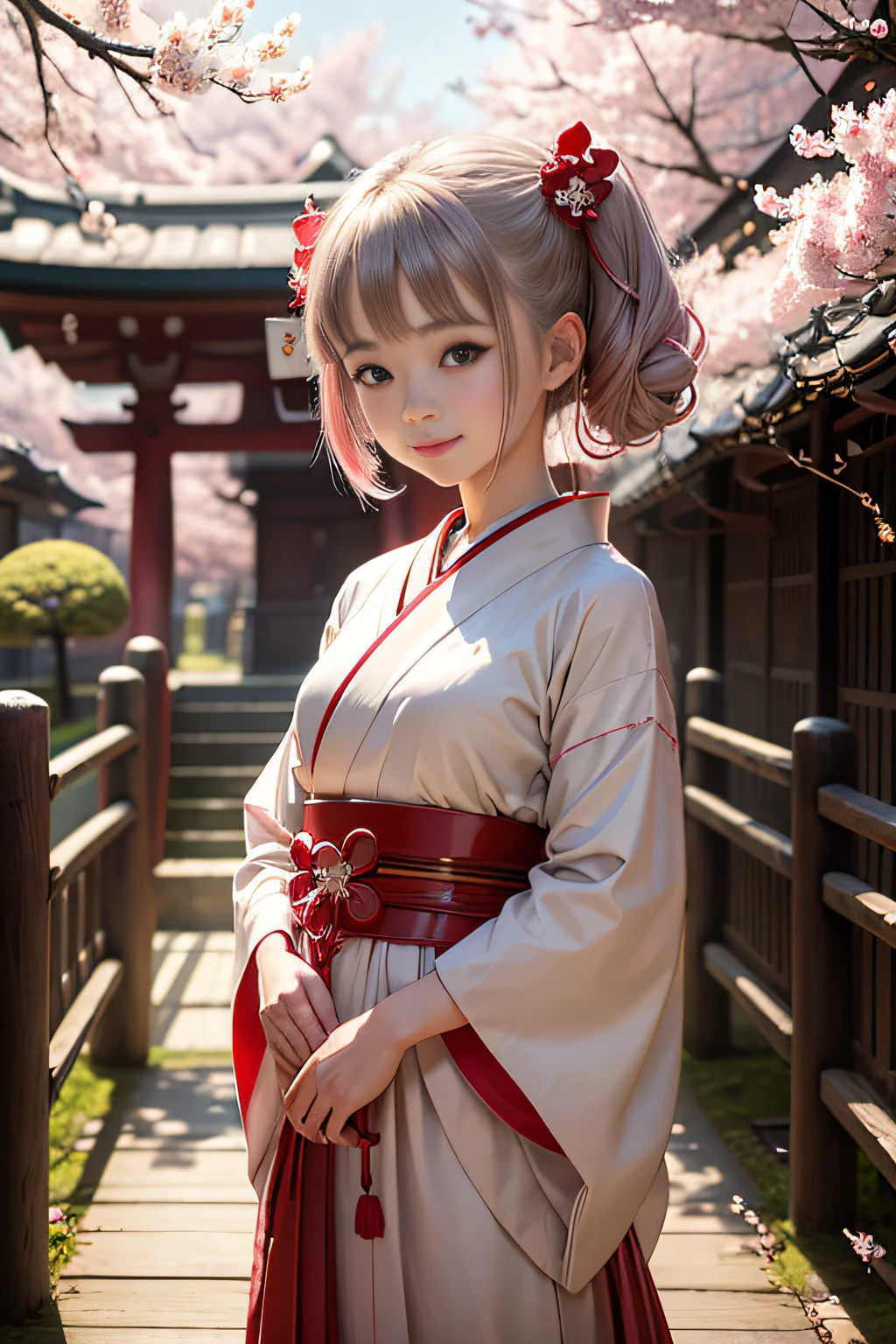 top-quality、8K、photoRealstic、1 girl in、bangss、cute little、17 age、Japanese shrine maiden、White and vermilion hakama、A smile、long、A path lined with flourishing cherry blossom trees、cherryblossom、Vermilion pleats、A detailed eye、A detailed face、