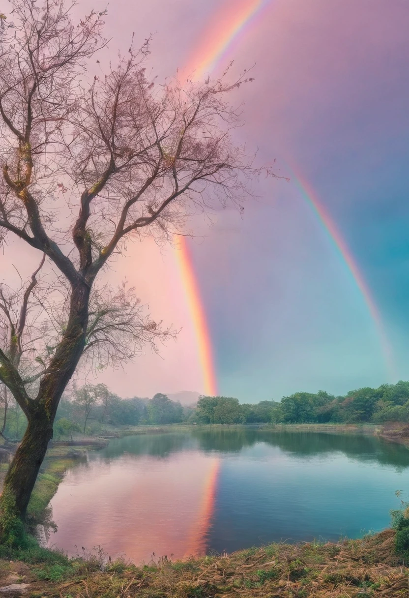 ((A rainbow appears in the sky after the rain)),baiyun, after rainny, rays of sunshine, refractions, Seven colors, Red, Orange, Yellow, Green, Blue, Violet, arc-shaped, A bridge to heaven, llight rays, dream magical, wanting, Calm lake, inverted image, The outline of the tree, Birds fly, freshen, magical, Beautiful natural landscape