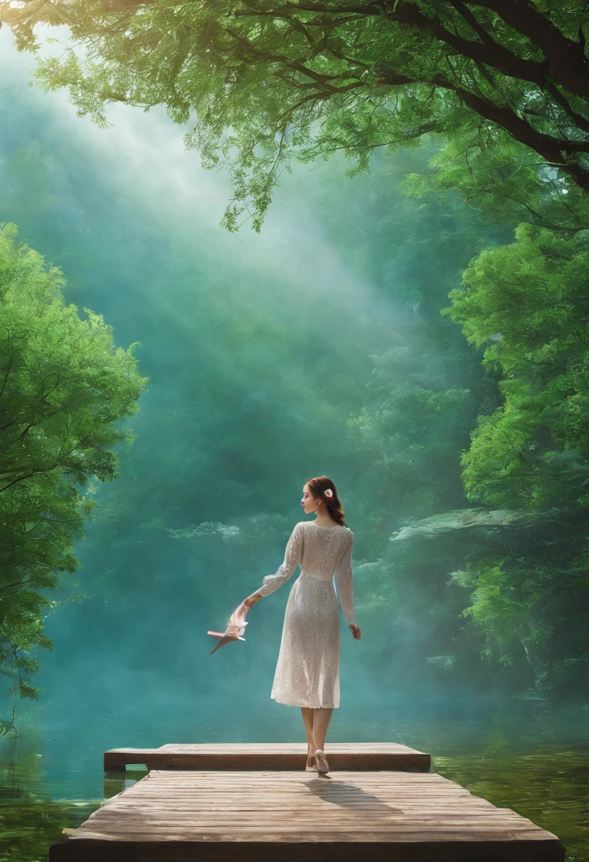 ((A rainbow appears in the sky after the rain)),baiyun, after rainny, rays of sunshine, refractions, Seven colors, Red, Orange, Yellow, Green, Blue, Violet, arc-shaped, A bridge to heaven, llight rays, dream magical, wanting, Calm lake, inverted image, The outline of the tree, Birds fly, freshen, magical, Beautiful natural landscape