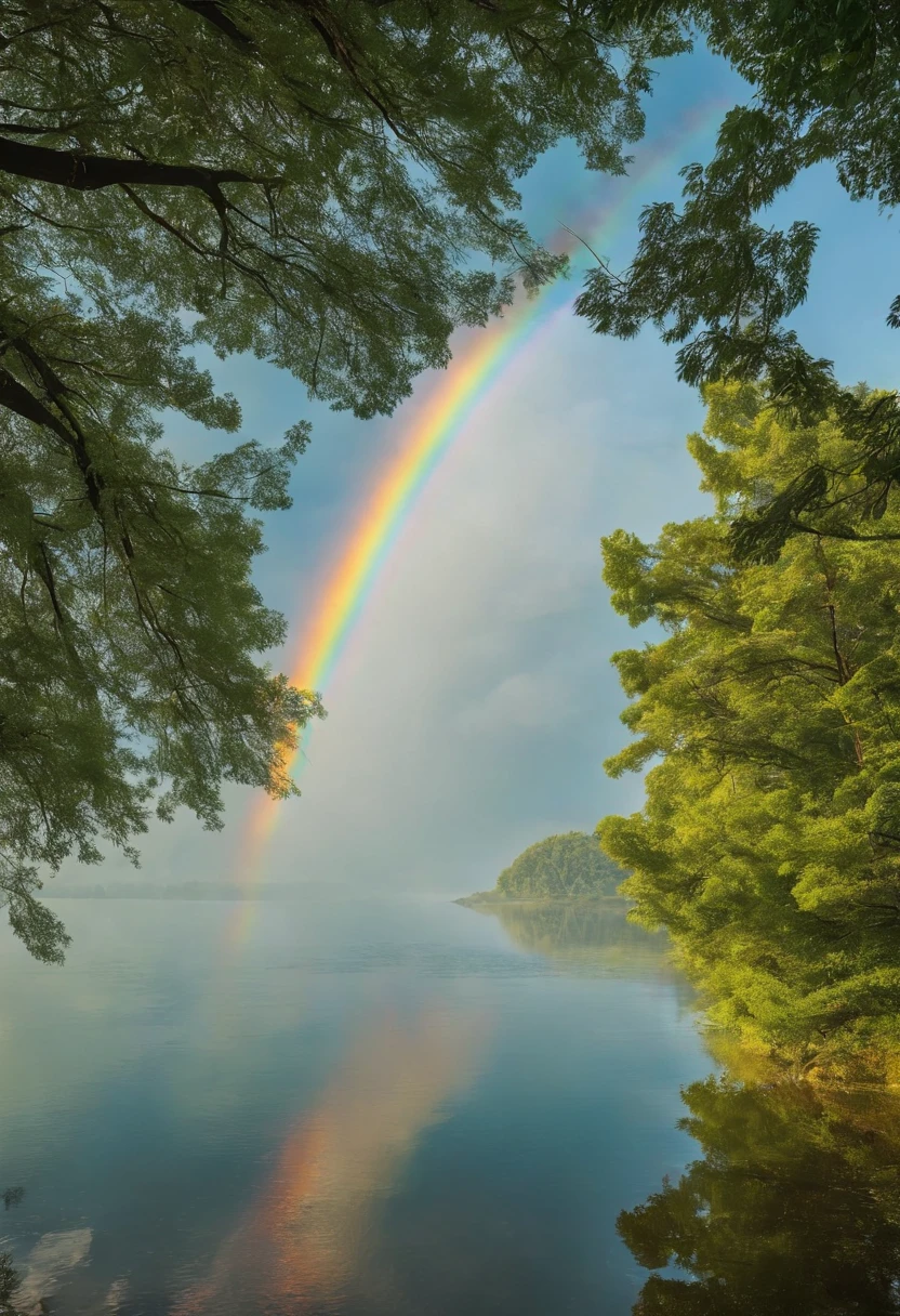 ((A rainbow appears in the sky after the rain)),baiyun, after rainny, rays of sunshine, refractions, Seven colors, Red, Orange, Yellow, Green, Blue, Violet, arc-shaped, A bridge to heaven, llight rays, dream magical, wanting, Calm lake, inverted image, The outline of the tree, Birds fly, freshen, magical, Beautiful natural landscape