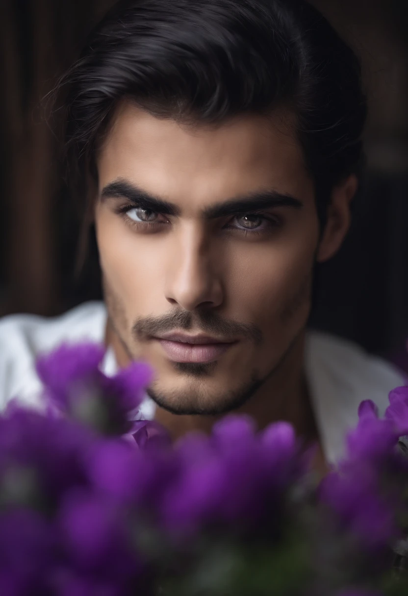 Hombre hermoso. Cabello largo blanco. Ropa negra. Ojos grandes violetas. Piel blanca. Mirada.