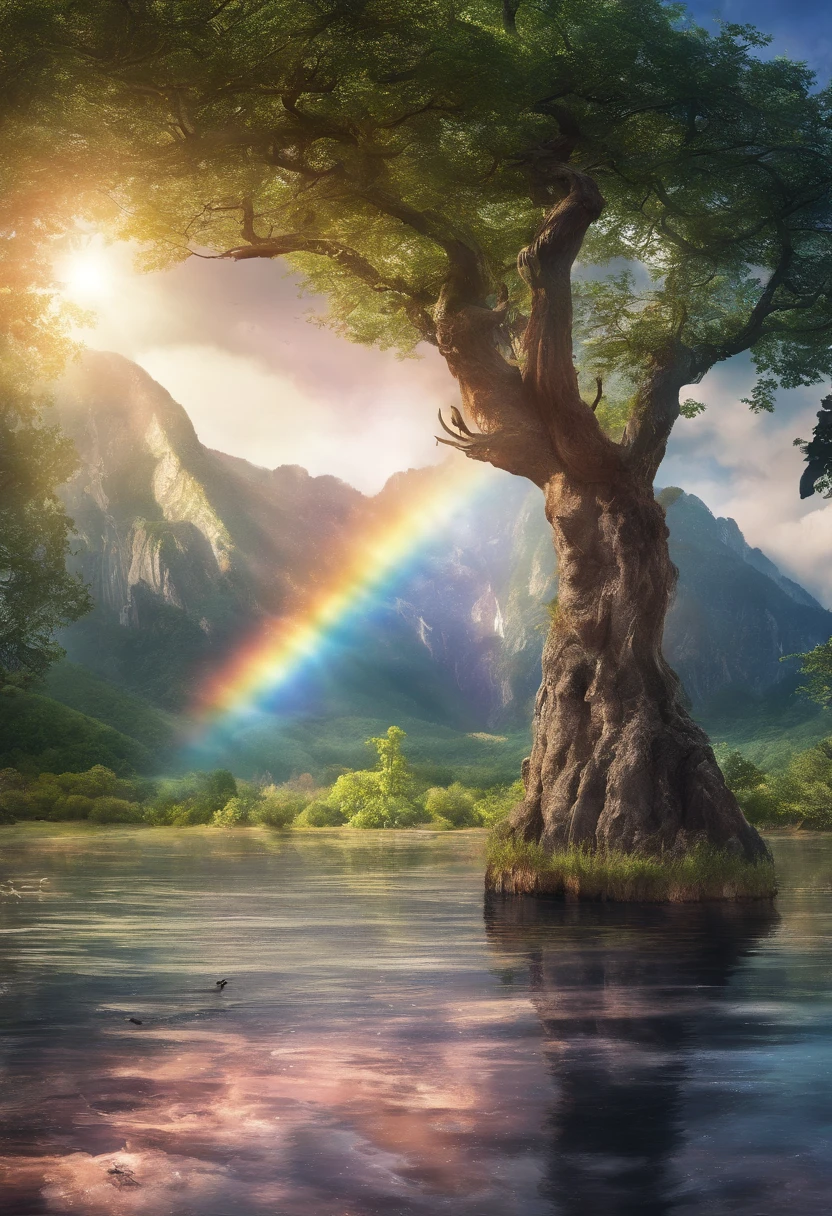 ((A rainbow appears in the sky after the rain)),baiyun, after rainny, rays of sunshine, refractions, Seven colors, Red, Orange, Yellow, Green, Blue, Violet, arc-shaped, A bridge to heaven, llight rays, dream magical, wanting, Calm lake, inverted image, The outline of the tree, Birds fly, freshen, magical, Beautiful natural landscape