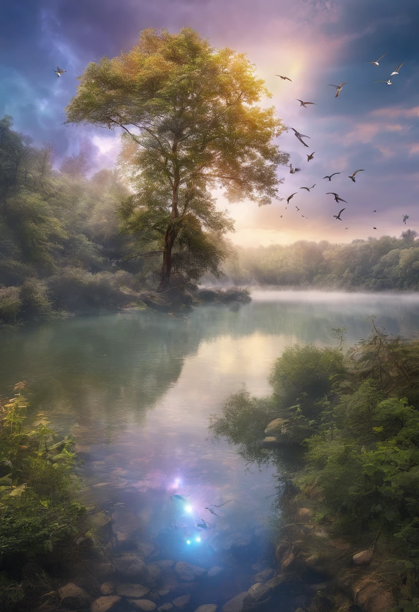 （（A rainbow appears in the sky after the rain）），baiyun, after rainny, rays of sunshine, refractions, Seven colors, Red, Orange, Yellow, Green, Blue, Violet, arc-shaped, A bridge to heaven, llight rays, dream magical, wanting, Calm lake, inverted image, The outline of the tree, Birds fly, freshen, magical, Beautiful natural landscape
