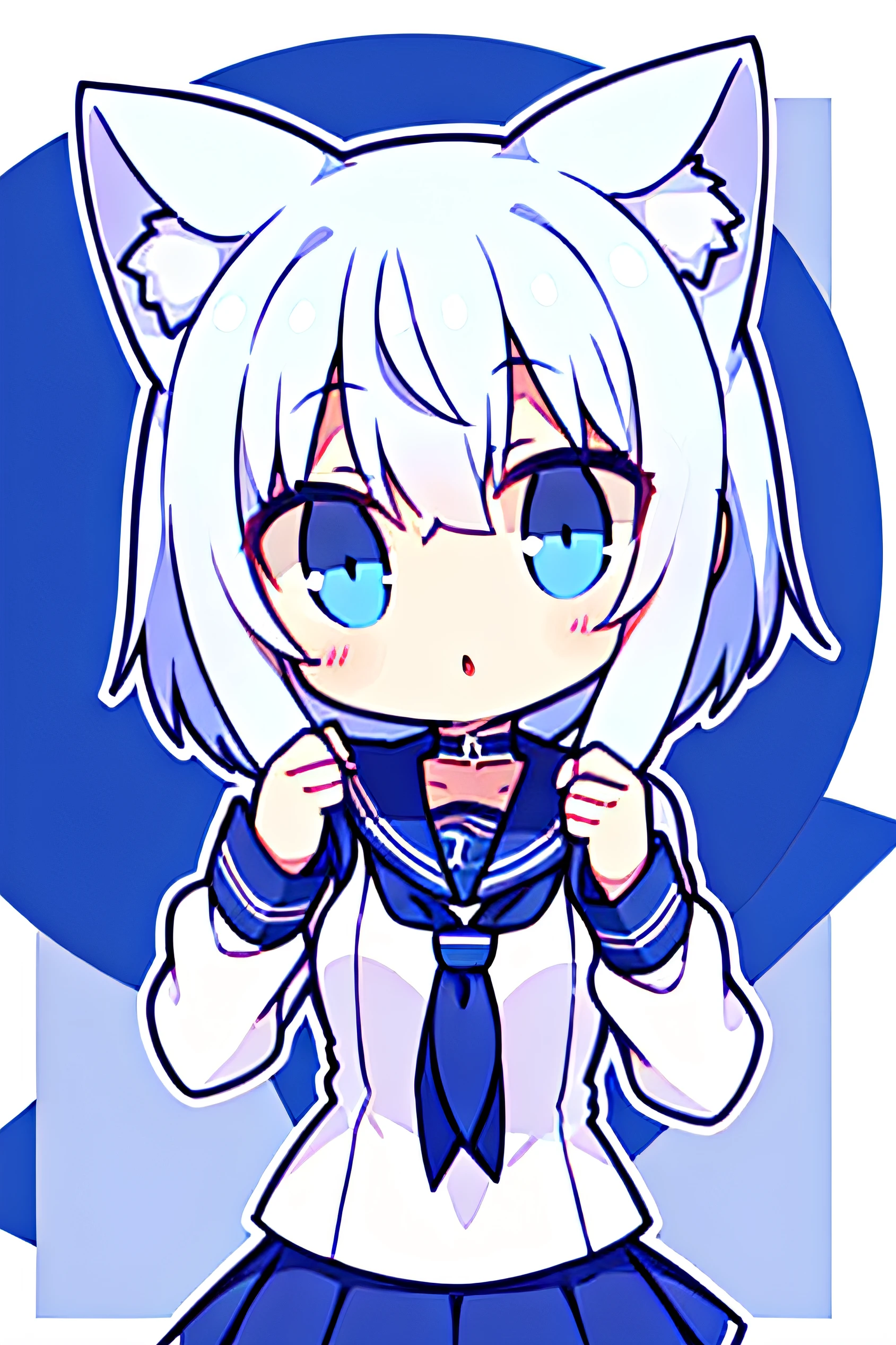 Chibi, a girl with short, neck-length hair, blue eyes, wolf ears, gray hair, full length, wearing a white shirt. blue scarf blue plaid short skirt White panties, high kicks, white backdrop.