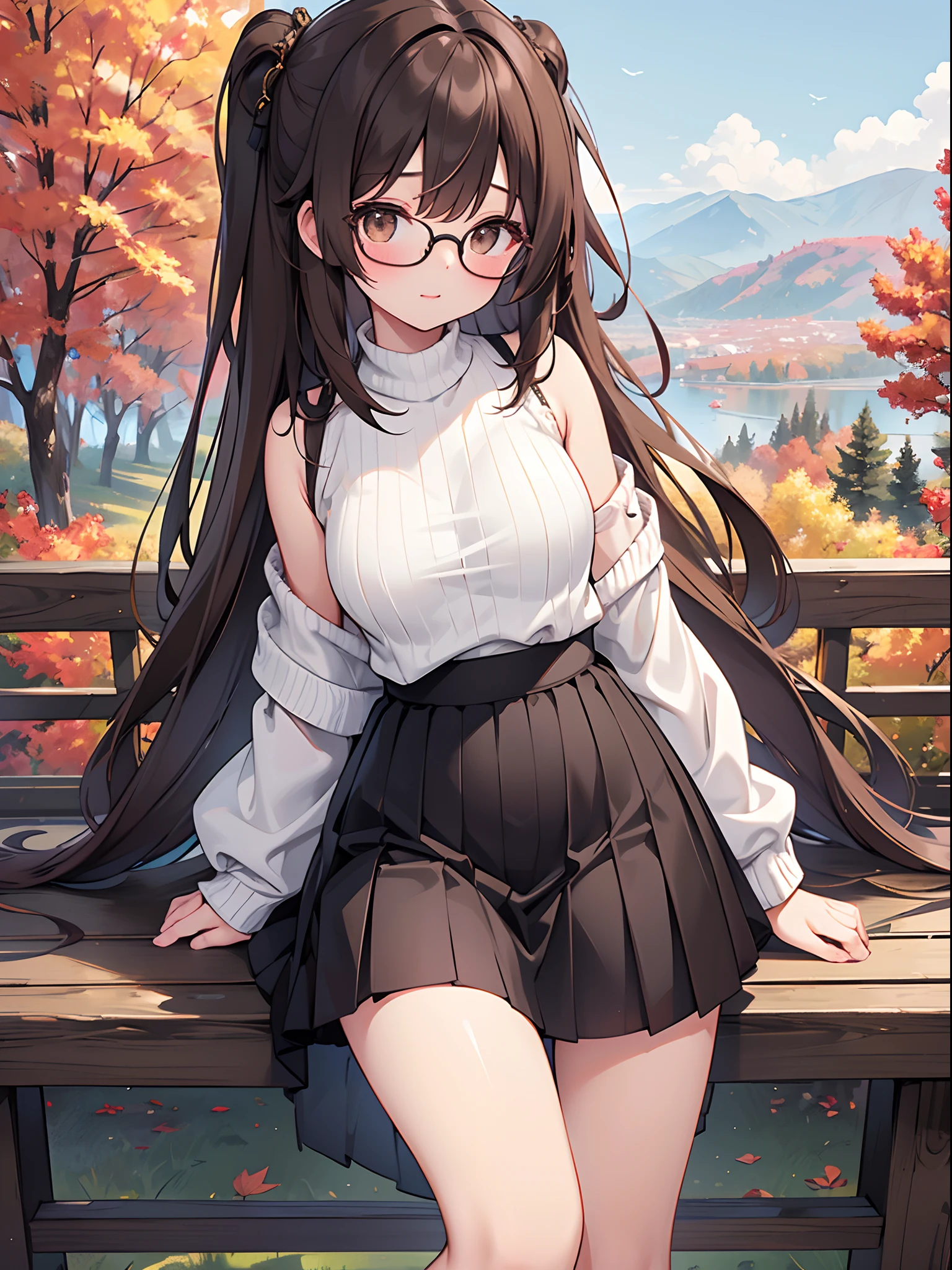 1 female、brown haired、Brown eyes、Black-rimmed glasses、seductive boobs、gorgeous faces、Perfect body。Best Quality、ultra-detailliert、8K resolution、Raw photo、masutepiece。Sweaters、long  skirt。Autumn landscape。