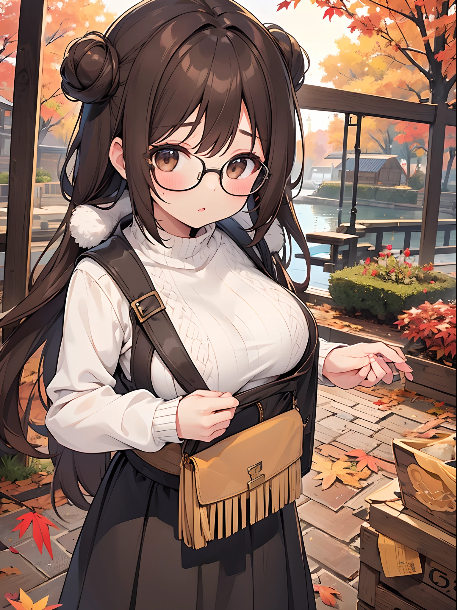 1 female、brown haired、Brown eyes、Black-rimmed glasses、seductive boobs、gorgeous faces、Perfect body。Best Quality、ultra-detailliert、8K resolution、Raw photo、masutepiece。Sweaters、long  skirt。Autumn landscape。