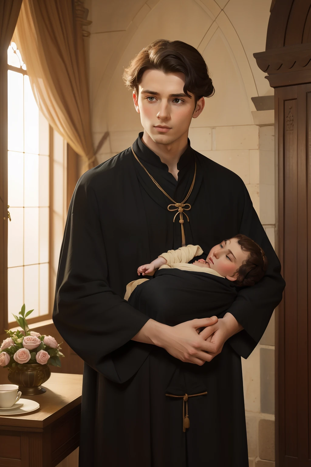 Year: 11th century. Location: Ispahan. Pre-raphaelite scene with a 24-year-old english man, holding his  son, ((((11th century black caftan)))) ((11th century hairstyle)), (((cinematic style)))