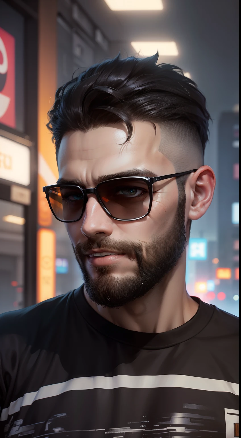 Change background cyberpunk handsome boy, Realistic face, Realistic smiley face, realistic beard, Black T-shirt, 8K, Ultra photo realsisim,