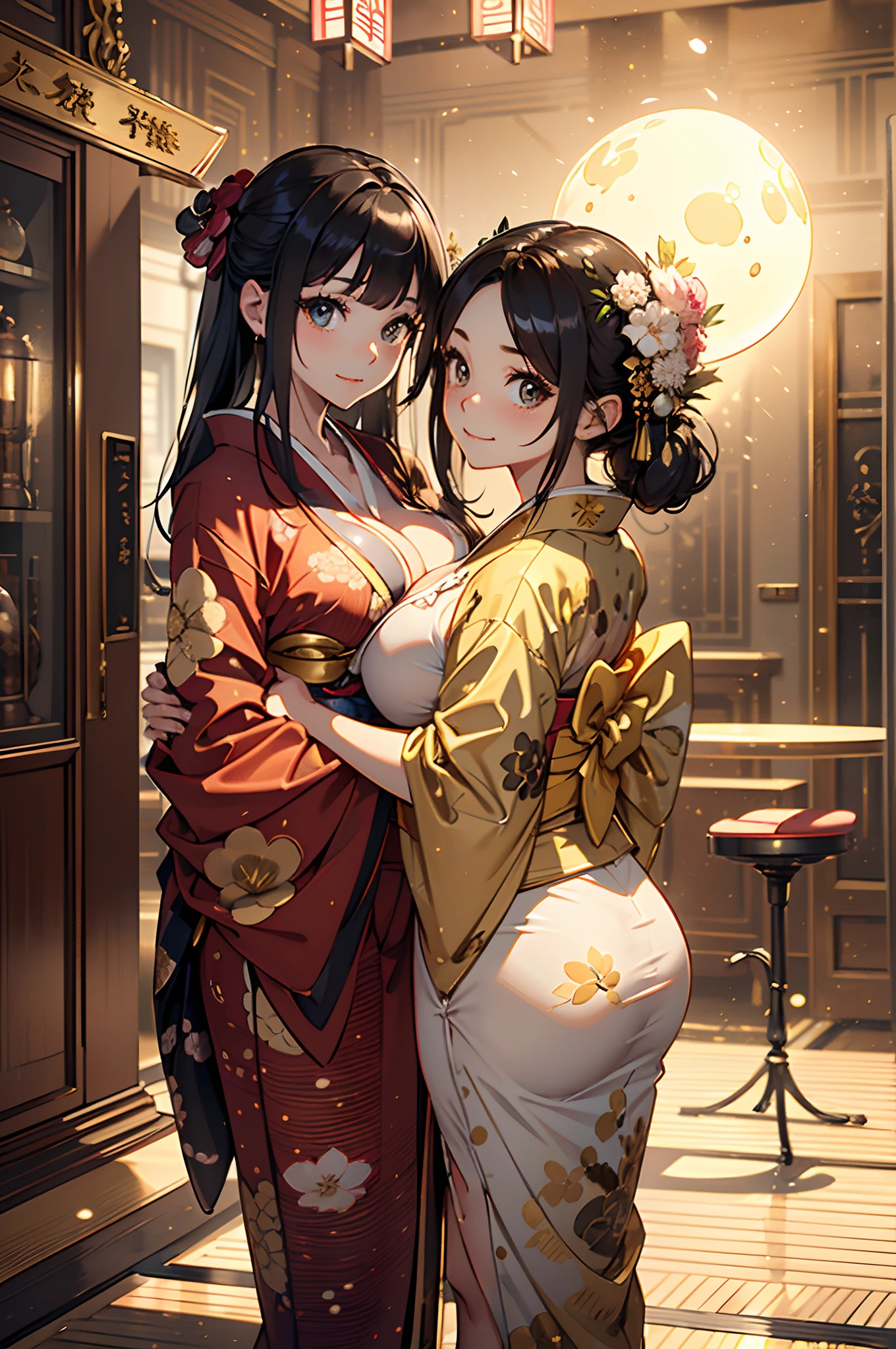 ((best quality)), ((masterpiece)), (detailed), perfect face, (((2women: happy, blushing, soaked, (((yellow eyes(glowing), mature face, dark skin, 25 years old, sexy, topless, medium waist, exposed medium breasts, orange hair (((messy hair))), ((ponytail))), (((saffron ribbon))), Wearing: Buddhist rosary beads, gold sash with bow))) and (((Pink eyes(glowing), perfect face, mature face, pale skin, 25 years old, sexy, nude, dummy thicc, short black hair)))))), looking into each other's eyes, facing each other, hug, kiss, happy, yuri, beautiful, best quality, absurdes, 8k, volumetric lighting, intricate, Background: Stone Buddhist temple ruins, full moon