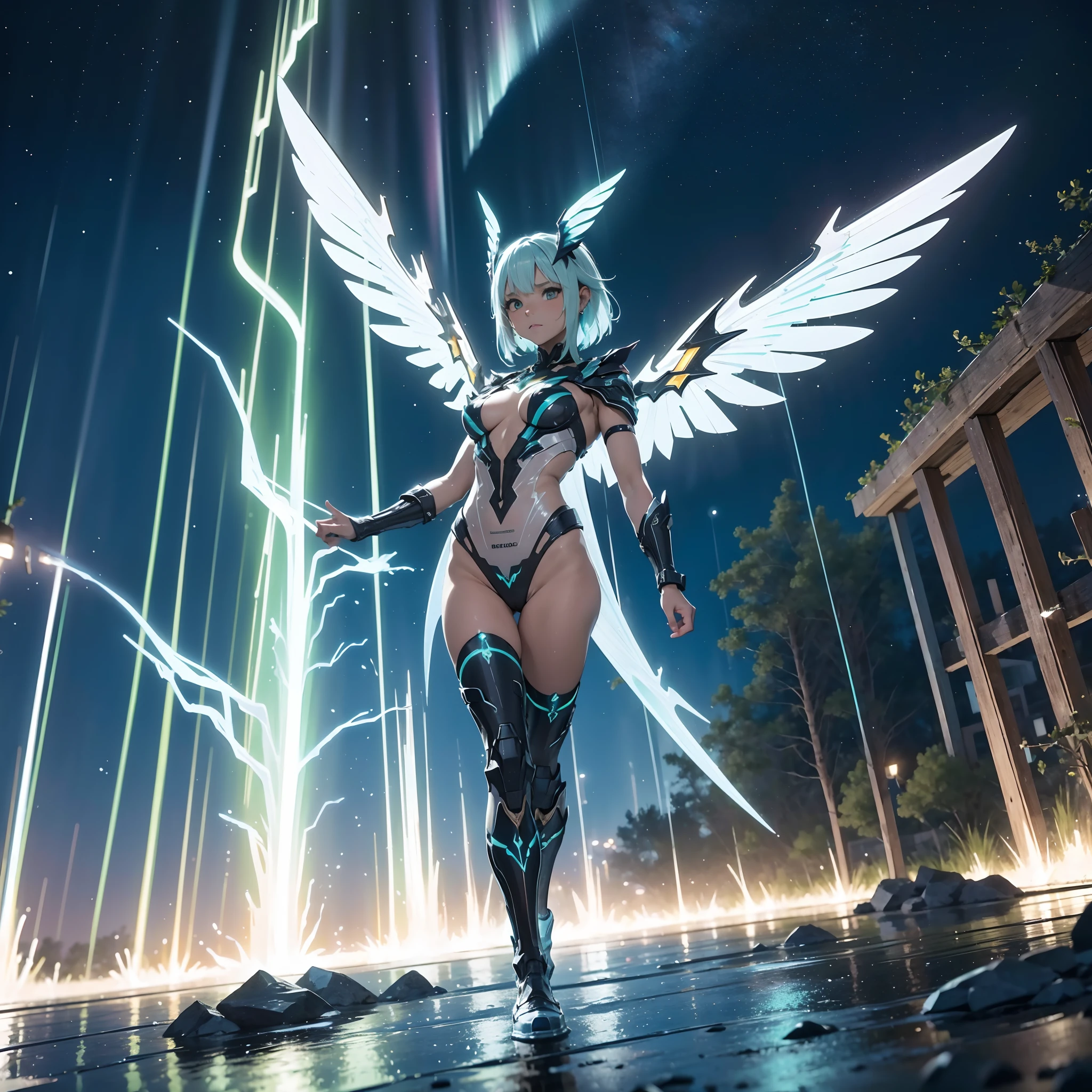(A winged warrior who has swam through rivers of lightning),fotorrealista:1.37,Altas Resoluciones,vivid colors,Bokeh,Renderizado 3D,foco nítido,ultra detallado,Studio lighting,Guerrero,fierce expression,armadura,plumaje,Alas poderosas,lightning bolts,Aurora boreal,cielo tormentoso,superficies reflectantes,ethereal glow,mystical creature,Salpicaduras de agua,dynamic pose,espada,Ruinas antiguas.