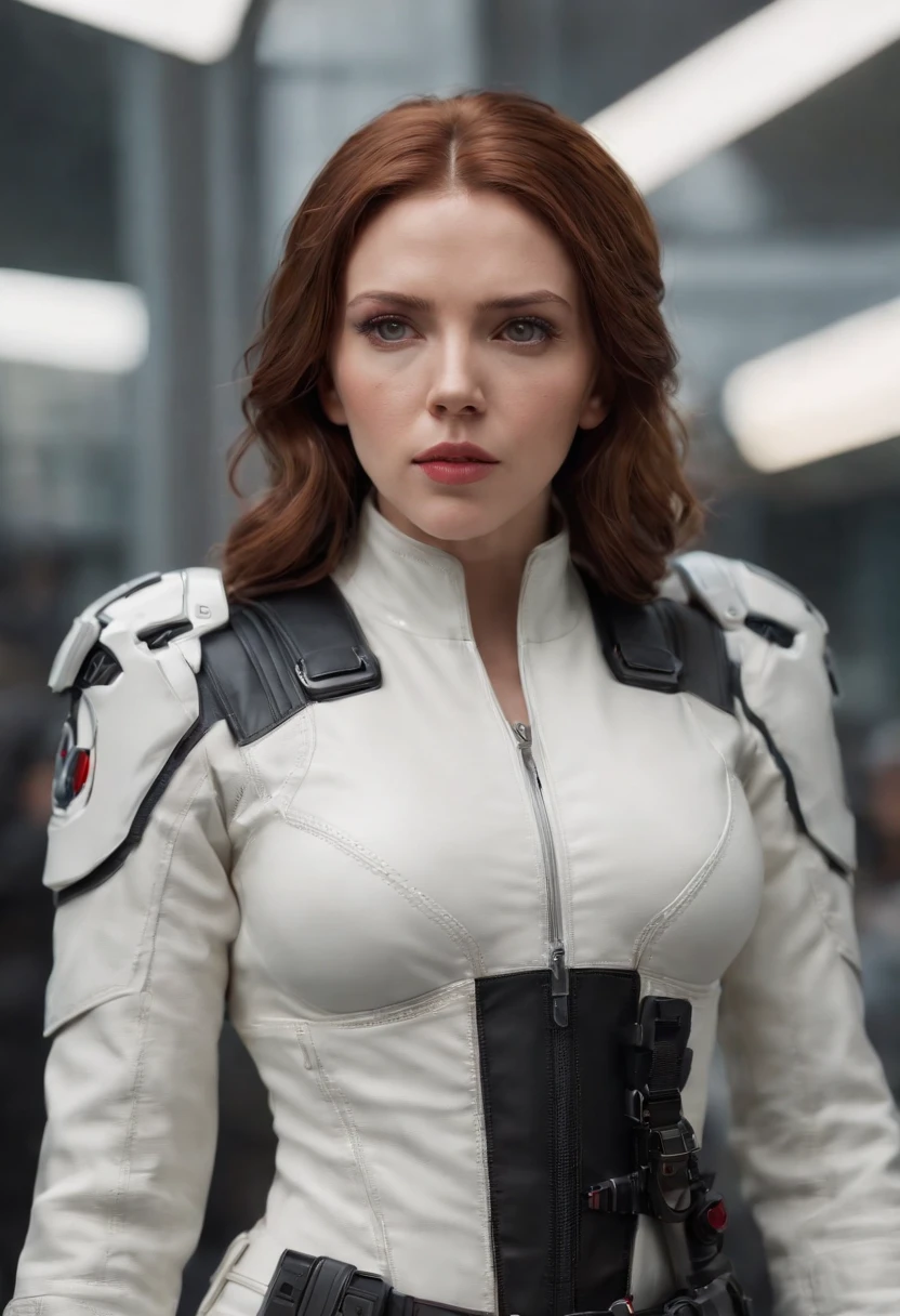 Close-up of a woman in a white leather coat，Scarlett Johansson plays Black Widow in the Marvel Universe, in an urban setting, Super detailed, White Black Widow costume，Ultra-detailed Black Widow white costume, High-quality facial research, full bodyesbian, Competitive high quality, (Perfect body: 1.1), (Short wavy hair: 1.2), Whole body, Casual pose, Beautiful pose, (Extremely detailed CG 8k wallpaper), (Extremely delicate and beautiful), (Masterpiece), (Best quality: 1.0), (Ultra-high resolution: 1.0), Beautiful lighting, Perfect lighting, Realistic shadows, [high resolution], Detailed skin, Super detailed (((Colorful))), Digital art, metal gear solid concept art, full body concept art, Expert concept art with high detail, concept-art，Such as Ernest Khalimov, fps game concept art, concept-art, craig mullins style, Video game concept art, 4K