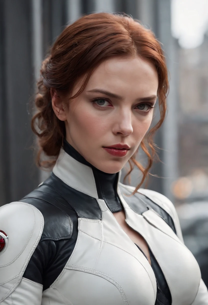 Close-up of a woman in a white leather coat，Scarlett Johansson plays Black Widow in the Marvel Universe, in an urban setting, Super detailed, White Black Widow costume，Ultra-detailed Black Widow white costume, High-quality facial research, full bodyesbian, Competitive high quality, (Perfect body: 1.1), (Short wavy hair: 1.2), Whole body, Casual pose, Beautiful pose, (Extremely detailed CG 8k wallpaper), (Extremely delicate and beautiful), (Masterpiece), (Best quality: 1.0), (Ultra-high resolution: 1.0), Beautiful lighting, Perfect lighting, Realistic shadows, [high resolution], Detailed skin, Super detailed (((Colorful))), Digital art, metal gear solid concept art, full body concept art, Expert concept art with high detail, concept-art，Such as Ernest Khalimov, fps game concept art, concept-art, craig mullins style, Video game concept art, 4K