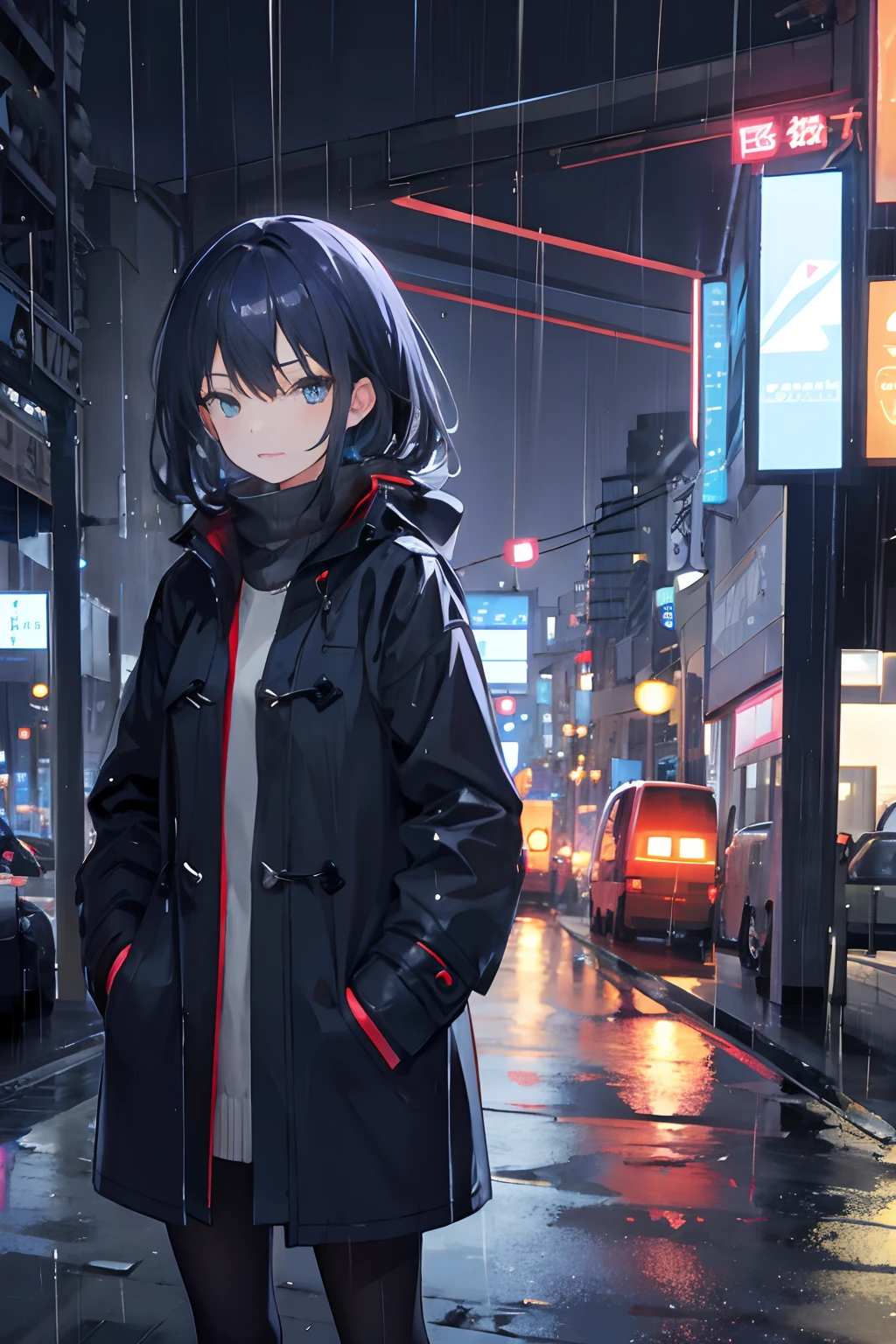 Anime girl in raincoat standing in the rain in a city - SeaArt AI