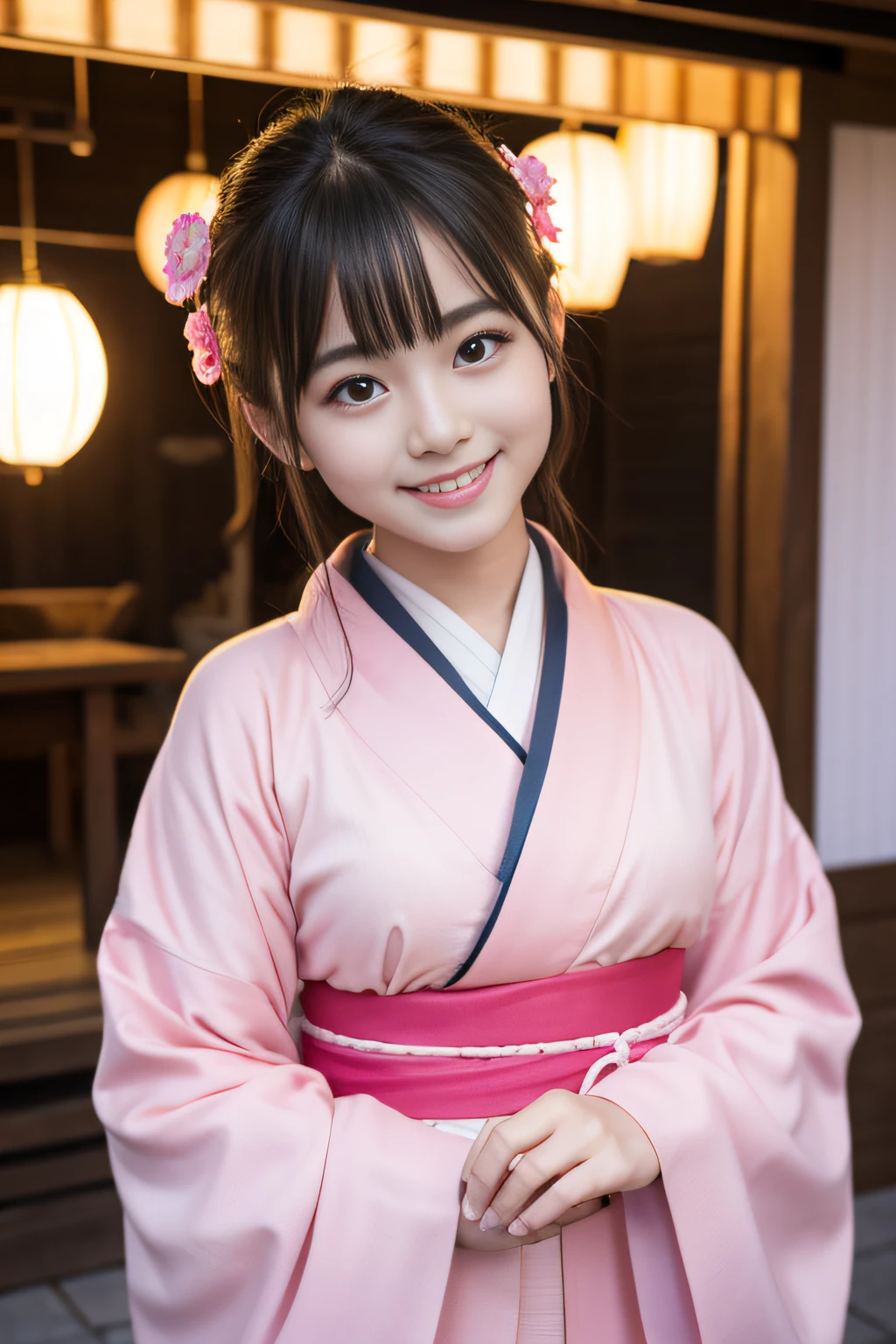 A young girl dressed in a pink kimono is smiling happily in a spacious street with a lantern in her left hand and a sugar gourd in her right hand