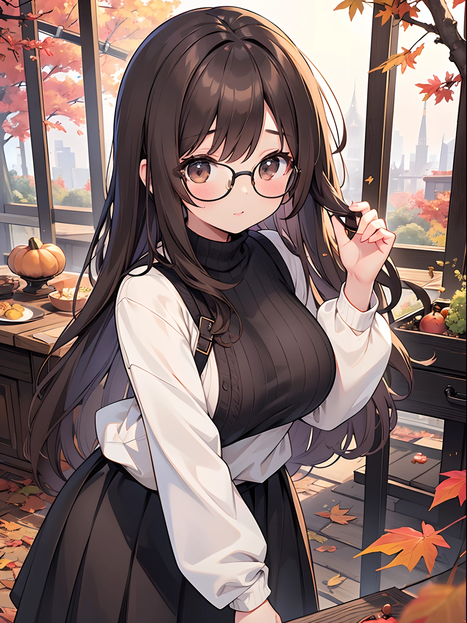 1 female、brown haired、Brown eyes、Black-rimmed glasses、seductive boobs、gorgeous faces、Perfect body。Best Quality、ultra-detailliert、8K resolution、Raw photo、masutepiece。Sweaters、long  skirt。Autumn landscape。