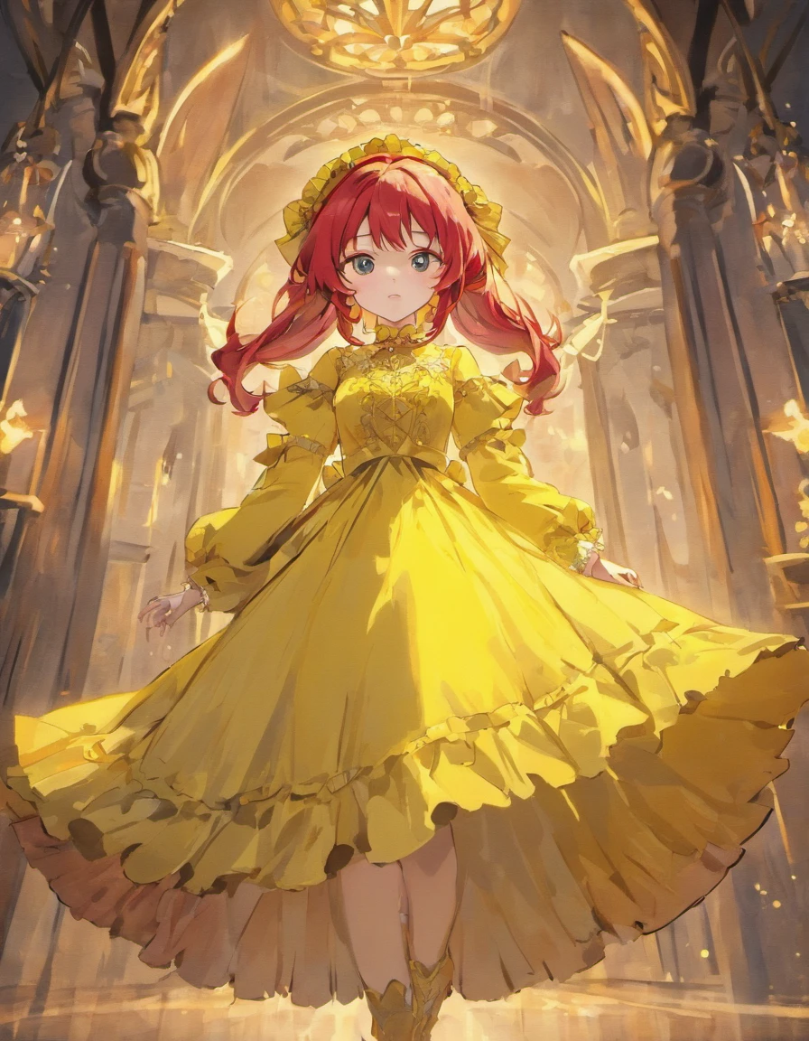 A red haired girl wearing a Yellow long elegant victorian dress